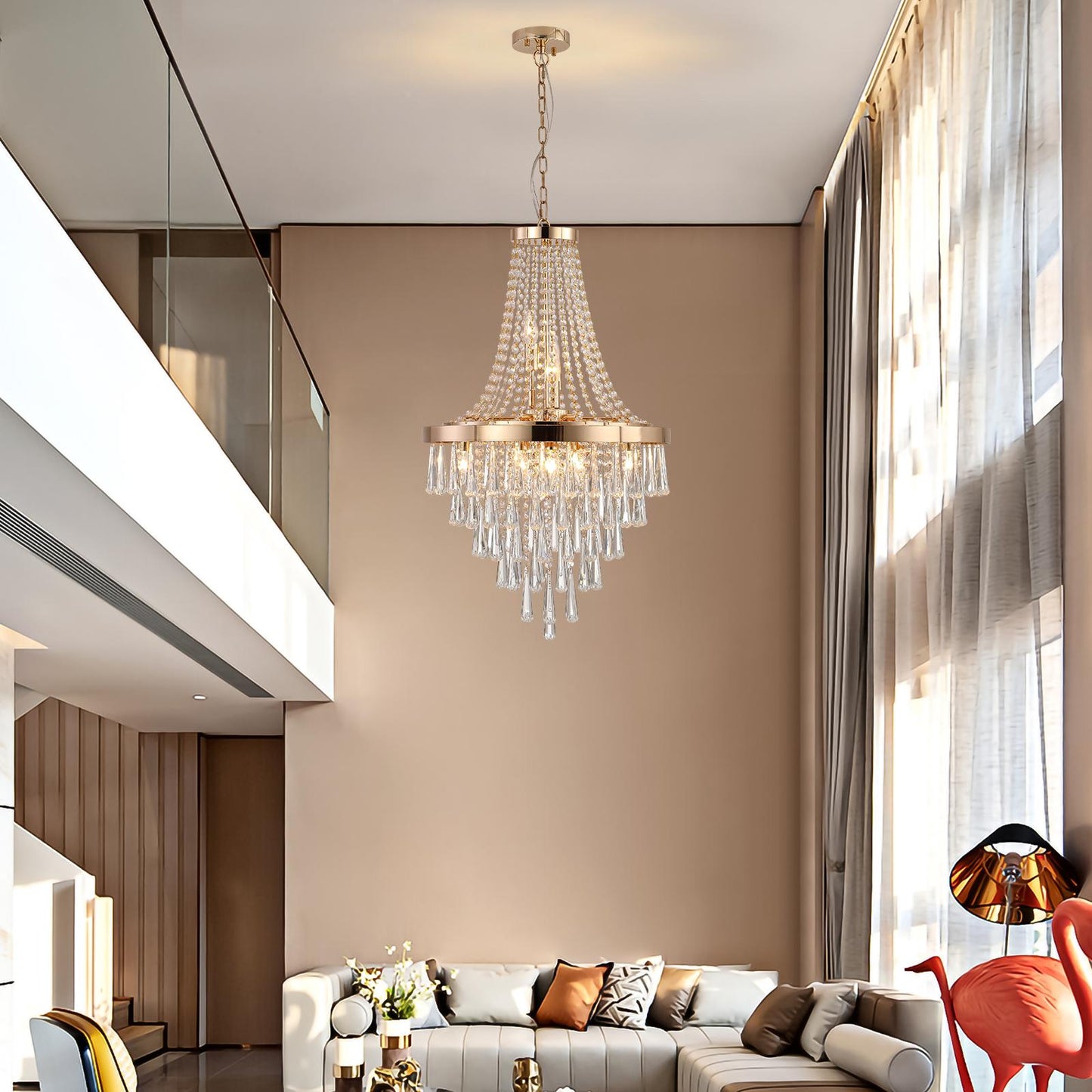 (Same as W1340102274/L5004) 20" Modern Crystal Pendant Chandelier with Golden Finish – Elegant 11-Light Hanging Light Fixture Tiered Design for Dining Room, Living Room, or Entryway (No Bulbs)