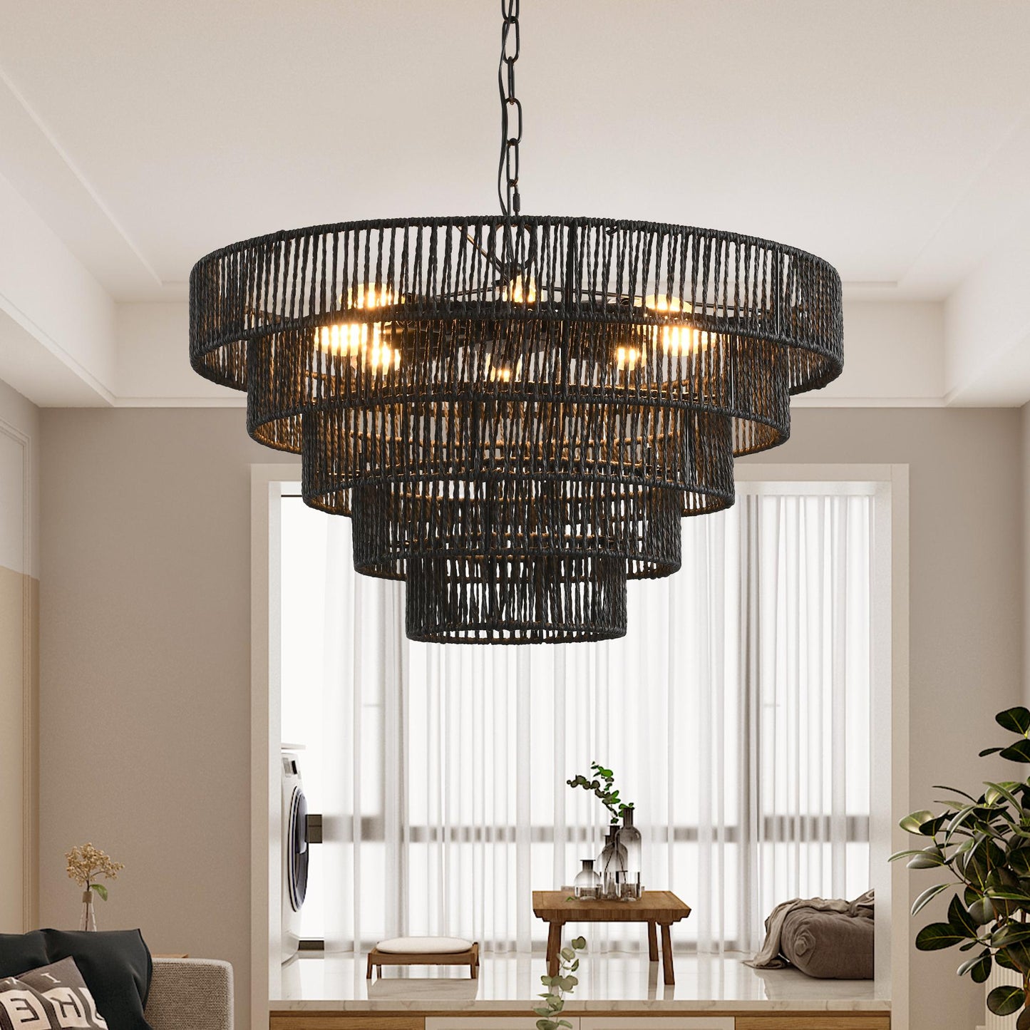 24" Rustic 5-Tier Black Hemp Rope Pendant Light Chandelier with 8 E12 Sockets, Boho Farmhouse Ceiling Fixture for Dining Room, Kitchen, or Entryway (Bulb Not Included)