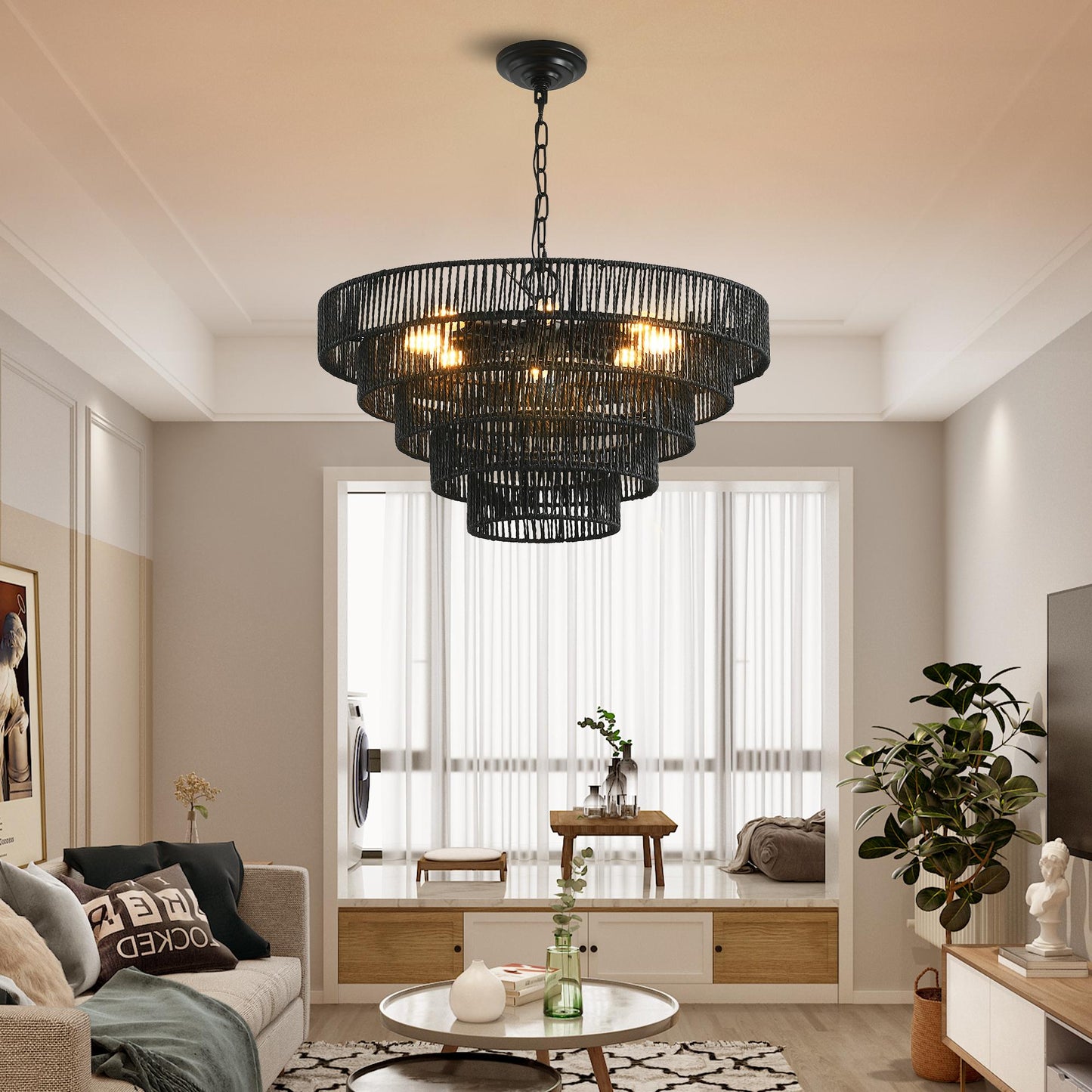 24" Rustic 5-Tier Black Hemp Rope Pendant Light Chandelier with 8 E12 Sockets, Boho Farmhouse Ceiling Fixture for Dining Room, Kitchen, or Entryway (Bulb Not Included)