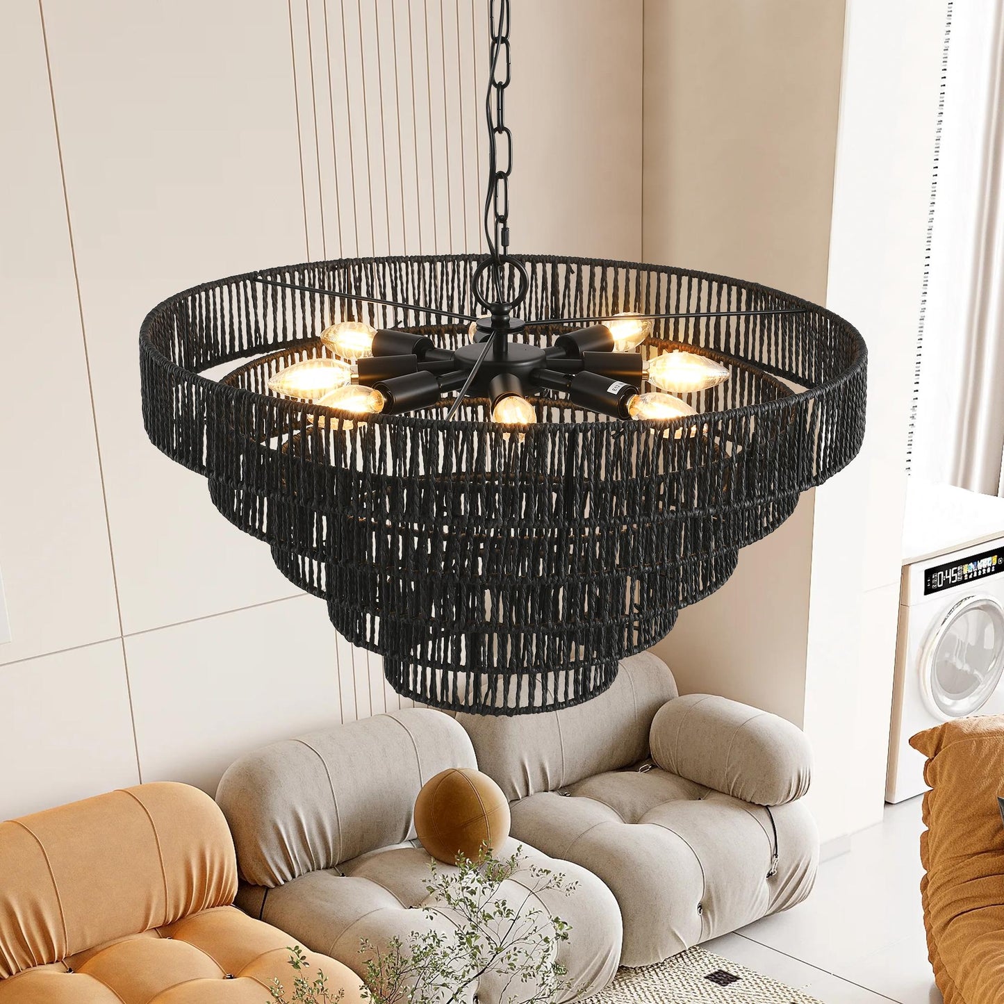 24" Rustic 5-Tier Black Hemp Rope Pendant Light Chandelier with 8 E12 Sockets, Boho Farmhouse Ceiling Fixture for Dining Room, Kitchen, or Entryway (Bulb Not Included)