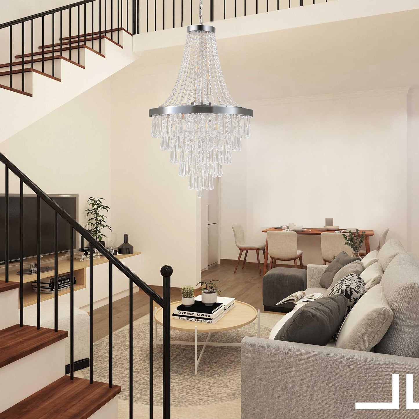 (Same as W1340P143191/L5004-500-C) 20" Chrome Crystal Chandelier with Adjustable Height, Modern Ceiling Light Fixture for Living Room, Dining Room, Staircase, 11-Light E12 Bulb Base (No Bulbs)