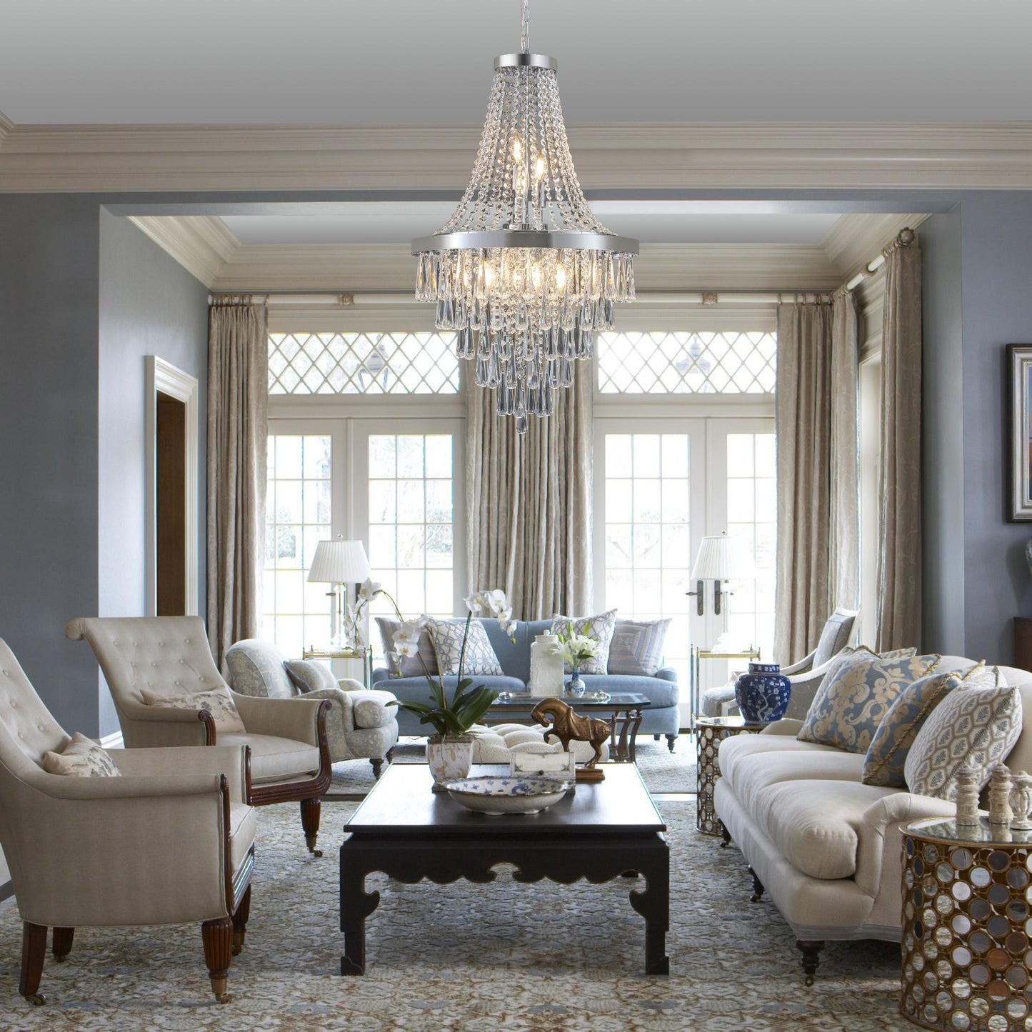 (Same as W1340P143191/L5004-500-C) 20" Chrome Crystal Chandelier with Adjustable Height, Modern Ceiling Light Fixture for Living Room, Dining Room, Staircase, 11-Light E12 Bulb Base (No Bulbs)