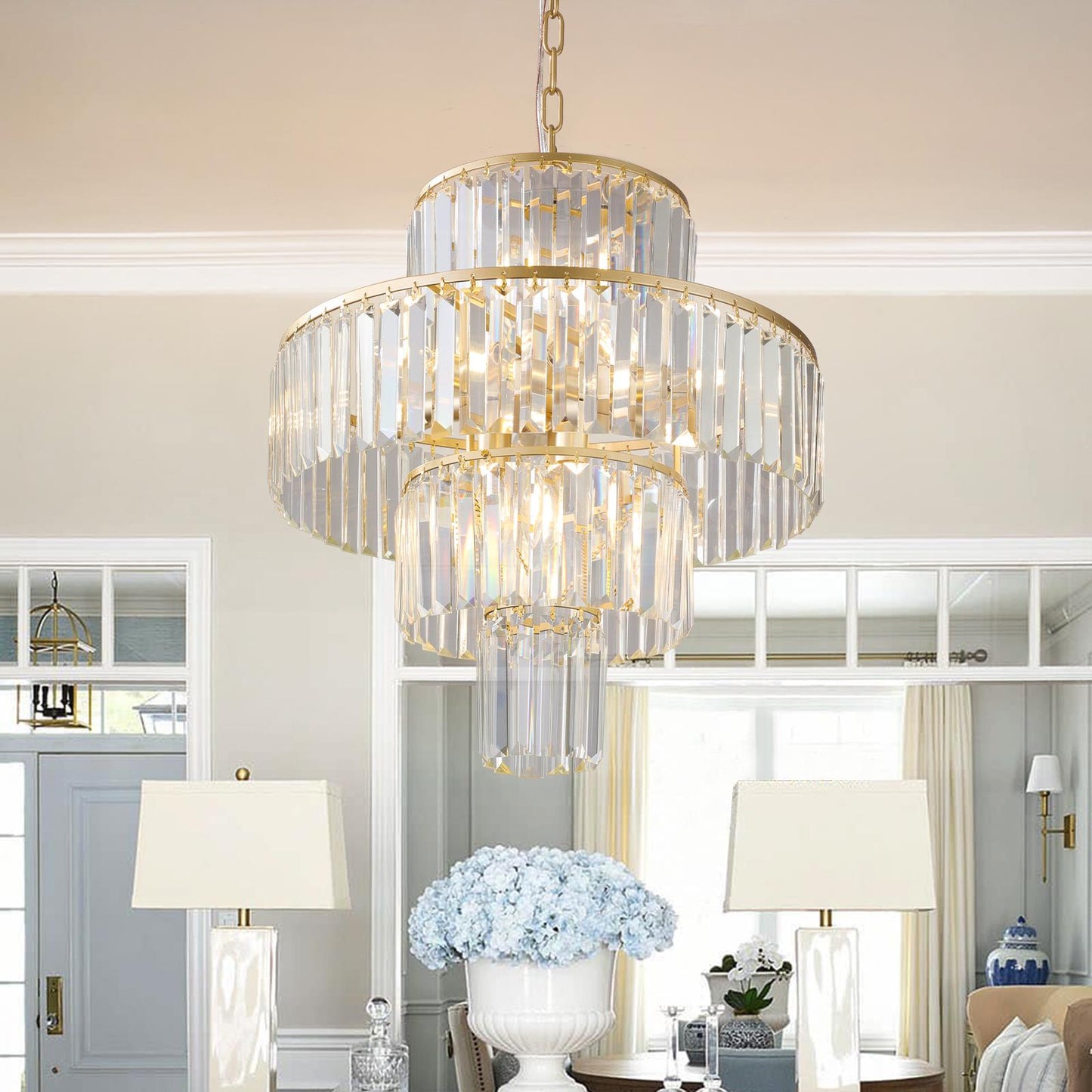 (Same as W1340126461/L5023) 20" Luxury 4-Tier Crystal Chandelier, 12-Light Gold Frame Pendant Light, Elegant Ceiling Lighting for Living Room, Dining Room, Bedroom (No Bulbs)