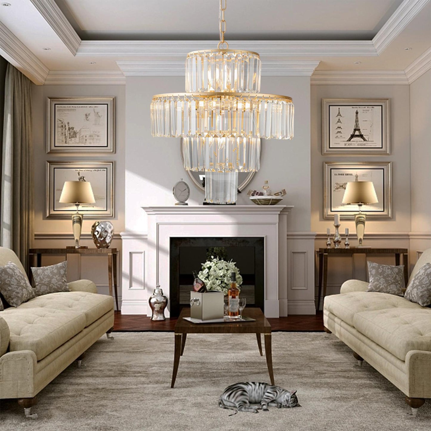 (Same as W1340126461/L5023) 20" Luxury 4-Tier Crystal Chandelier, 12-Light Gold Frame Pendant Light, Elegant Ceiling Lighting for Living Room, Dining Room, Bedroom (No Bulbs)
