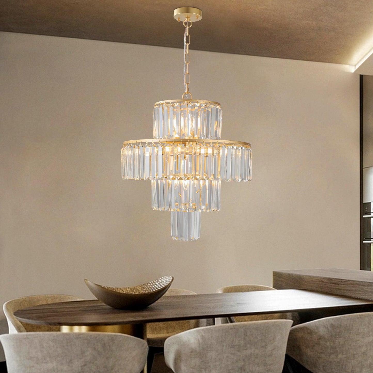 (Same as W1340126461/L5023) 20" Luxury 4-Tier Crystal Chandelier, 12-Light Gold Frame Pendant Light, Elegant Ceiling Lighting for Living Room, Dining Room, Bedroom (No Bulbs)