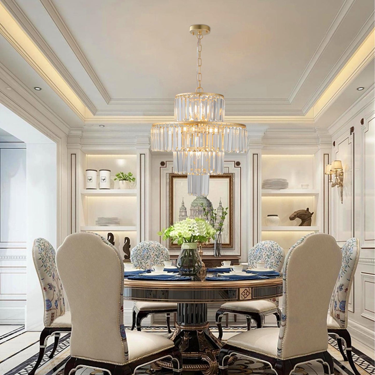 (Same as W1340126461/L5023) 20" Luxury 4-Tier Crystal Chandelier, 12-Light Gold Frame Pendant Light, Elegant Ceiling Lighting for Living Room, Dining Room, Bedroom (No Bulbs)