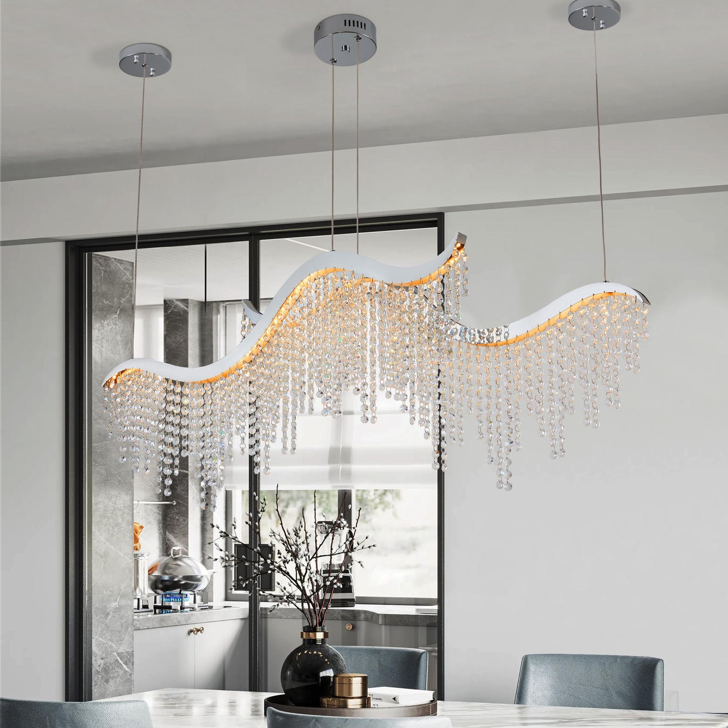 36-inch Modern Wave LED Crystal Chandelier - Adjustable Color Temperature 3000K/4000K/6000K - Adjustable Height - Elegant Chandelier for Living Room and Luxurious Space