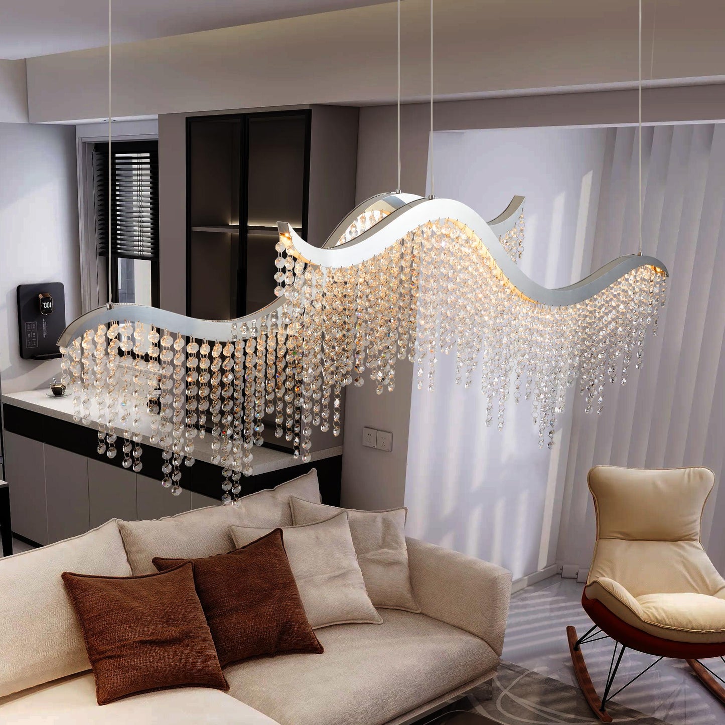 36-inch Modern Wave LED Crystal Chandelier - Adjustable Color Temperature 3000K/4000K/6000K - Adjustable Height - Elegant Chandelier for Living Room and Luxurious Space