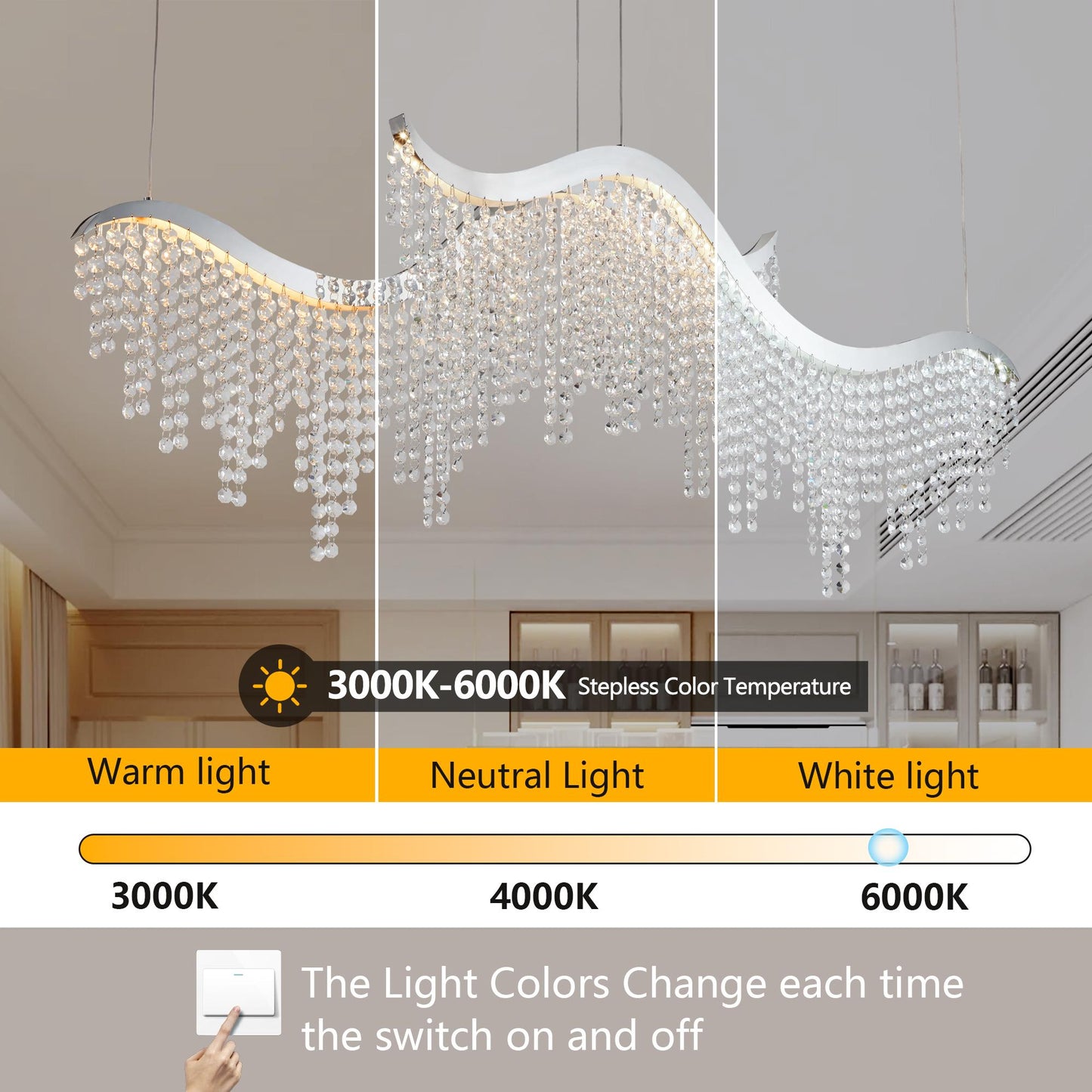 36-inch Modern Wave LED Crystal Chandelier - Adjustable Color Temperature 3000K/4000K/6000K - Adjustable Height - Elegant Chandelier for Living Room and Luxurious Space