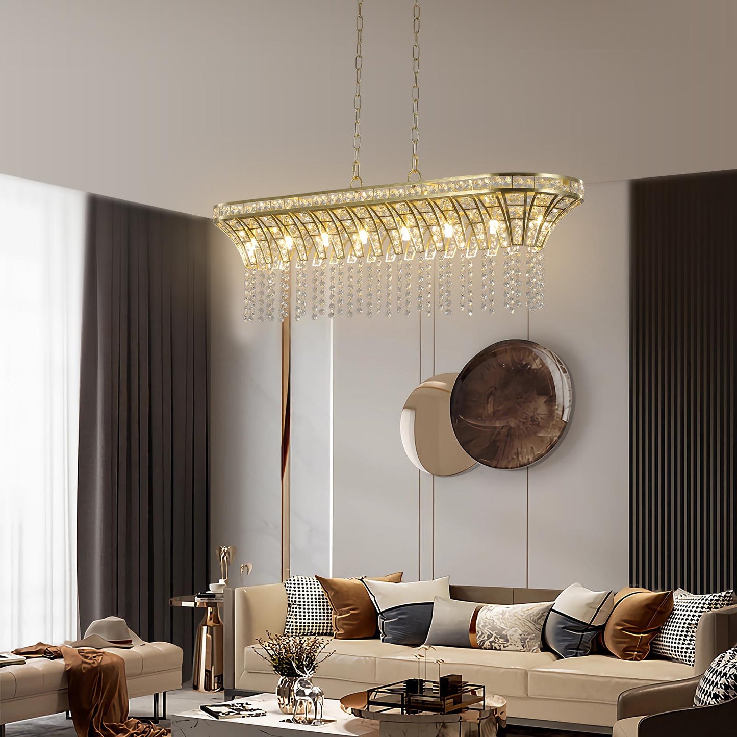 39" Modern Crystal Linear Rectangle Chandelier with Gold Finish, Elegant Pendant Light with Cascading Beads, for Dining Room, Living Room, or Foyer (Bulb Not Included)
