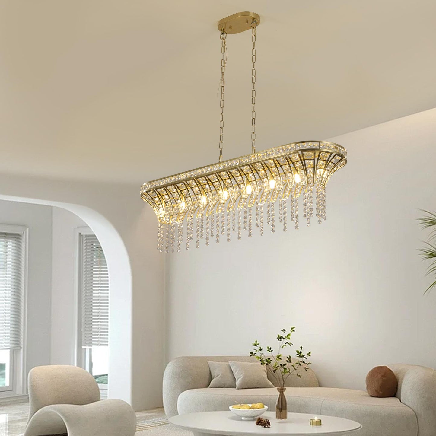 39" Modern Crystal Linear Rectangle Chandelier with Gold Finish, Elegant Pendant Light with Cascading Beads, for Dining Room, Living Room, or Foyer (Bulb Not Included)