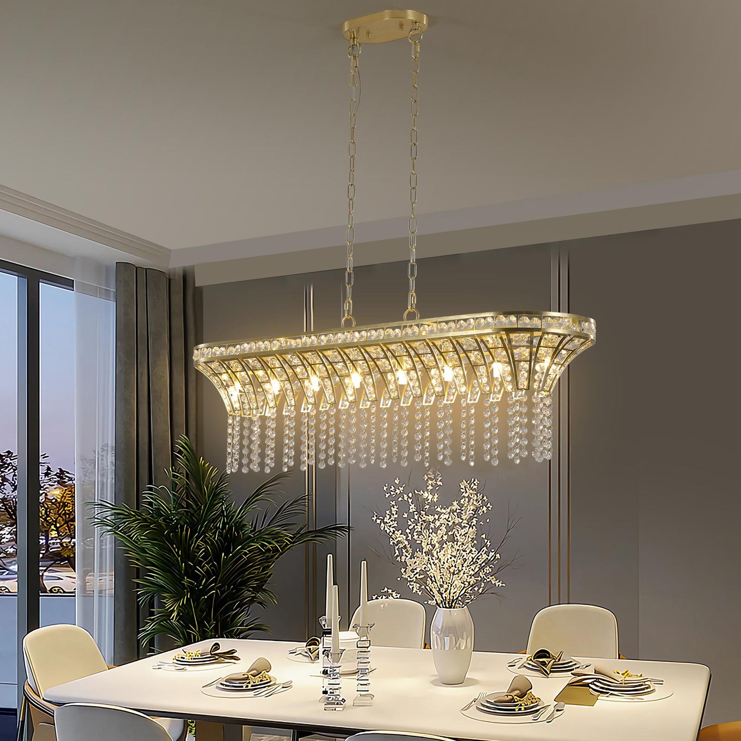 39" Modern Crystal Linear Rectangle Chandelier with Gold Finish, Elegant Pendant Light with Cascading Beads, for Dining Room, Living Room, or Foyer (Bulb Not Included)