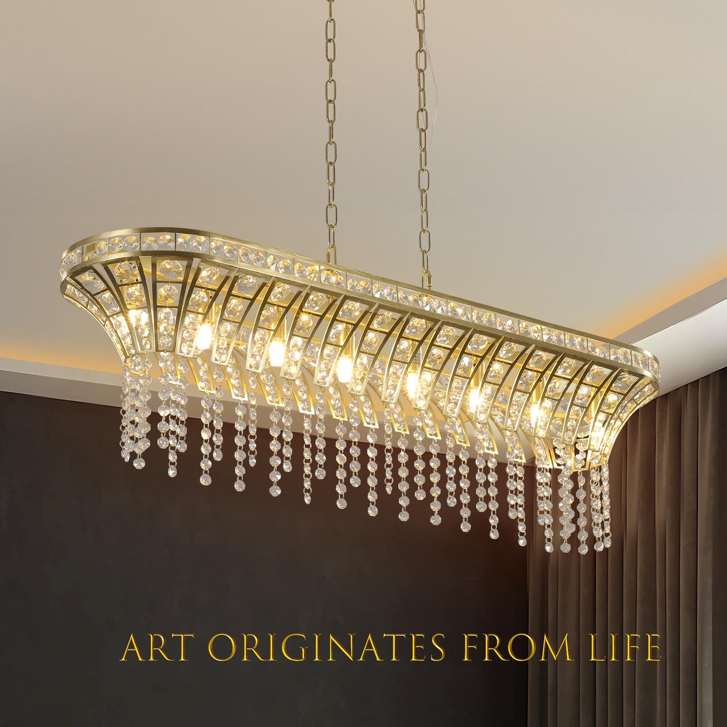 39" Modern Crystal Linear Rectangle Chandelier with Gold Finish, Elegant Pendant Light with Cascading Beads, for Dining Room, Living Room, or Foyer (Bulb Not Included)