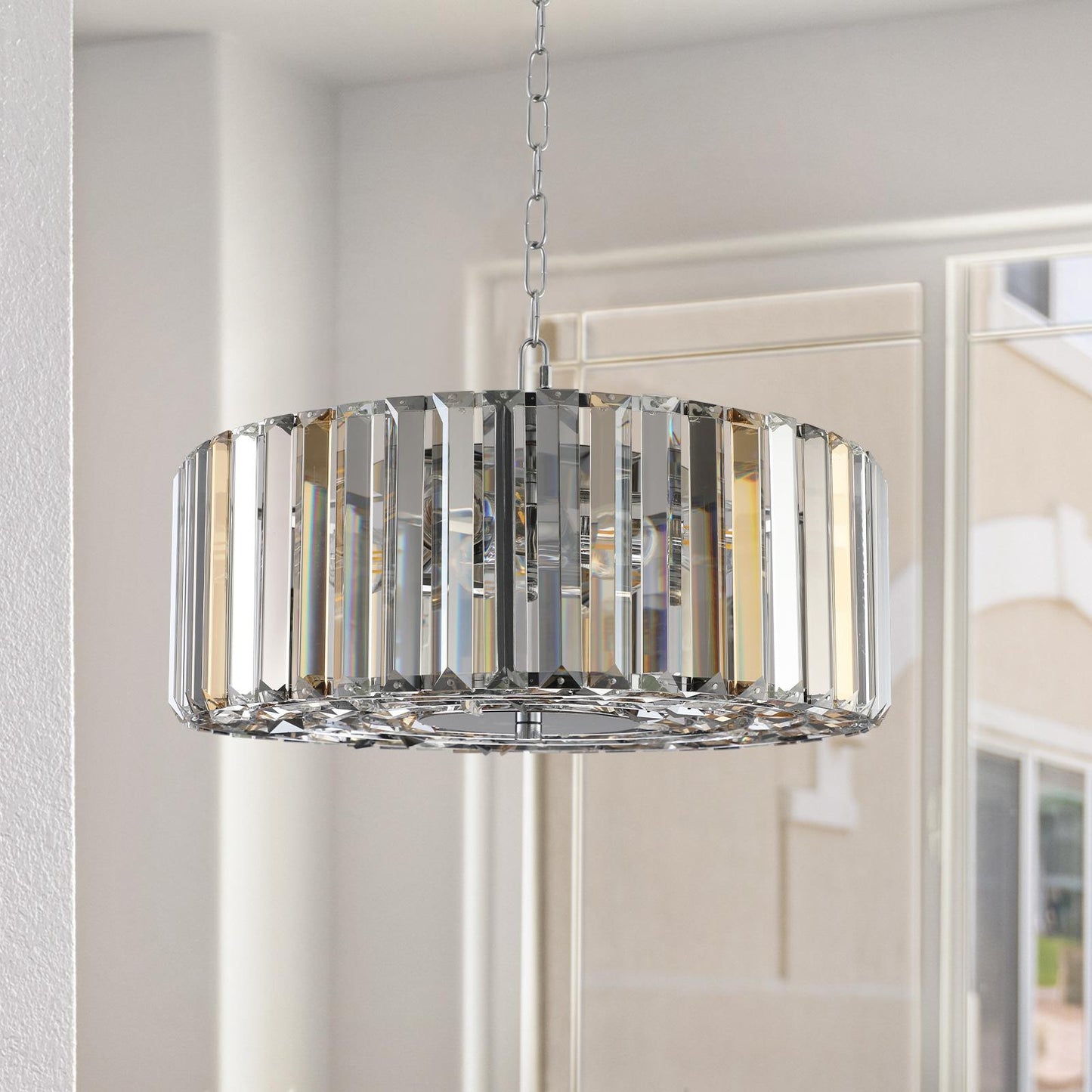 (Same as W1340120171/L5017) 17" Chrome Crystal Pendant Chandelier, Modern Hanging Light Fixture with Adjustable Height, 4-Light E26 Base for Living Room, Dining Room, or Kitchen (No Bulbs)