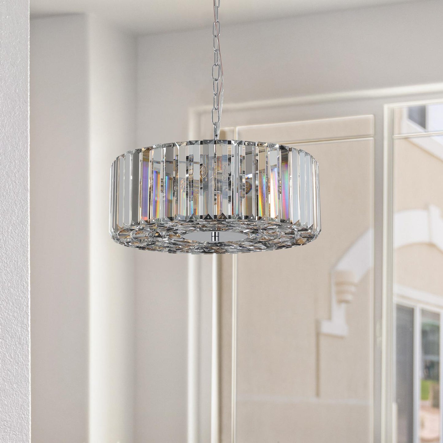 (Same as W1340120171/L5017) 17" Chrome Crystal Pendant Chandelier, Modern Hanging Light Fixture with Adjustable Height, 4-Light E26 Base for Living Room, Dining Room, or Kitchen (No Bulbs)