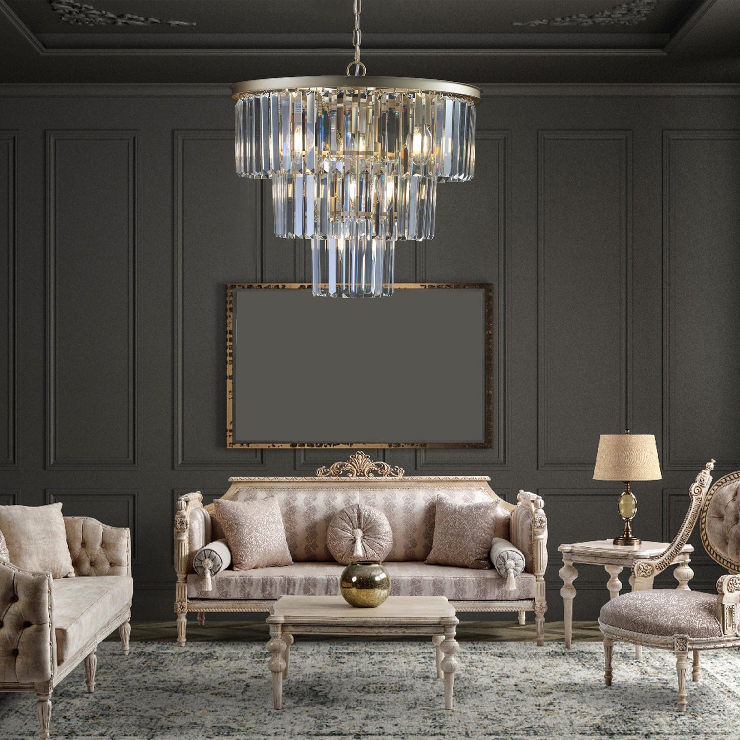 (Same as W1340P143192/L5007-500-G) 20" Luxury 3-Tier Crystal Chandelier, 7-Light Gold Frame Pendant Light, Elegant Ceiling Lighting for Living Room, Dining Room, Bedroom (No Bulbs)