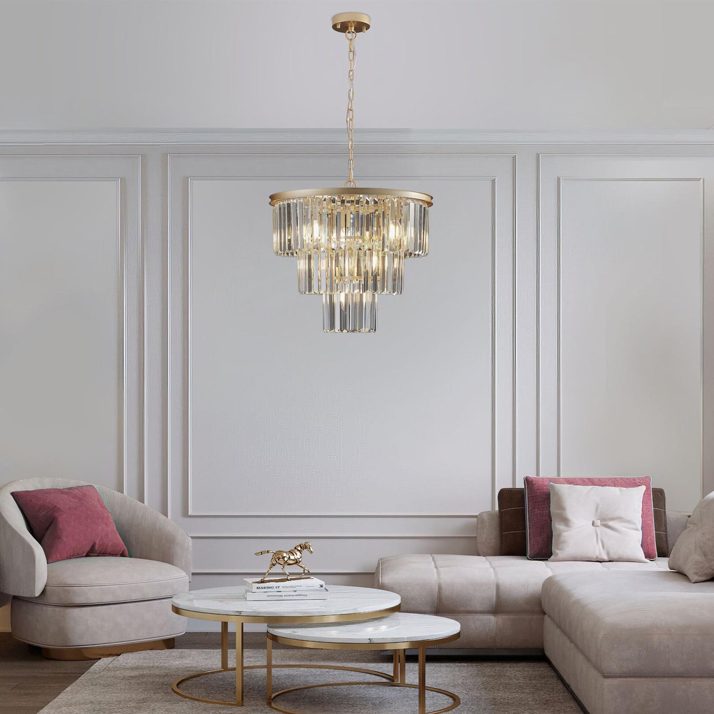 (Same as W1340P143192/L5007-500-G) 20" Luxury 3-Tier Crystal Chandelier, 7-Light Gold Frame Pendant Light, Elegant Ceiling Lighting for Living Room, Dining Room, Bedroom (No Bulbs)