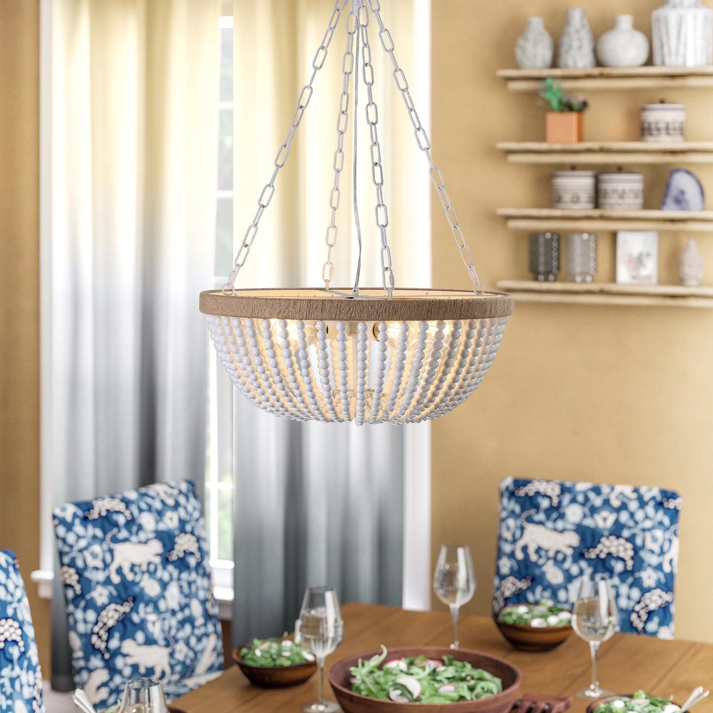 22" Bohemian Wood Beaded Pendant Chandelier – Elegant Light Fixture for Living Room, Dining Room, or Bedroom, Modern and Stylish Ceiling Light (Bulb Not Included)