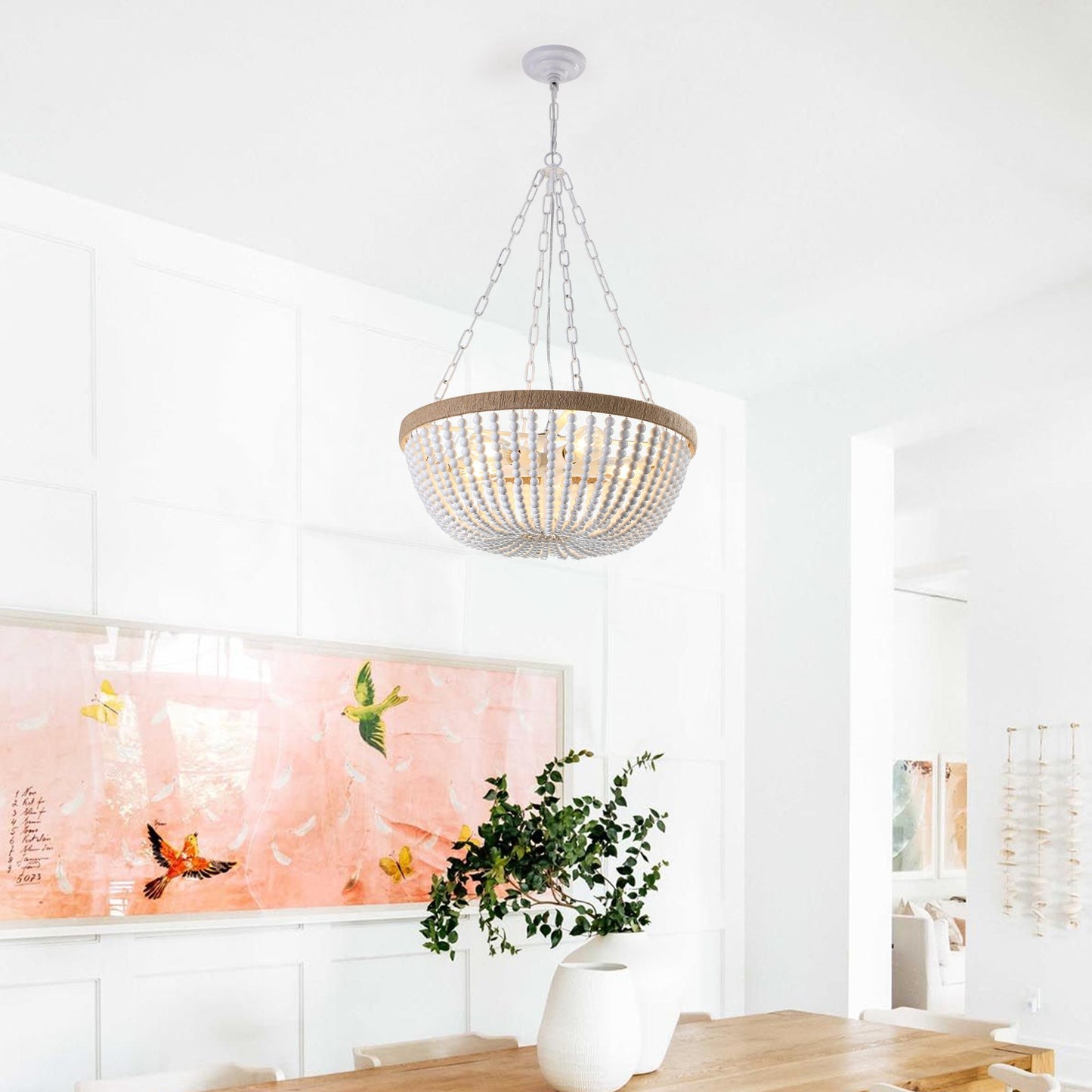 22" Bohemian Wood Beaded Pendant Chandelier – Elegant Light Fixture for Living Room, Dining Room, or Bedroom, Modern and Stylish Ceiling Light (Bulb Not Included)