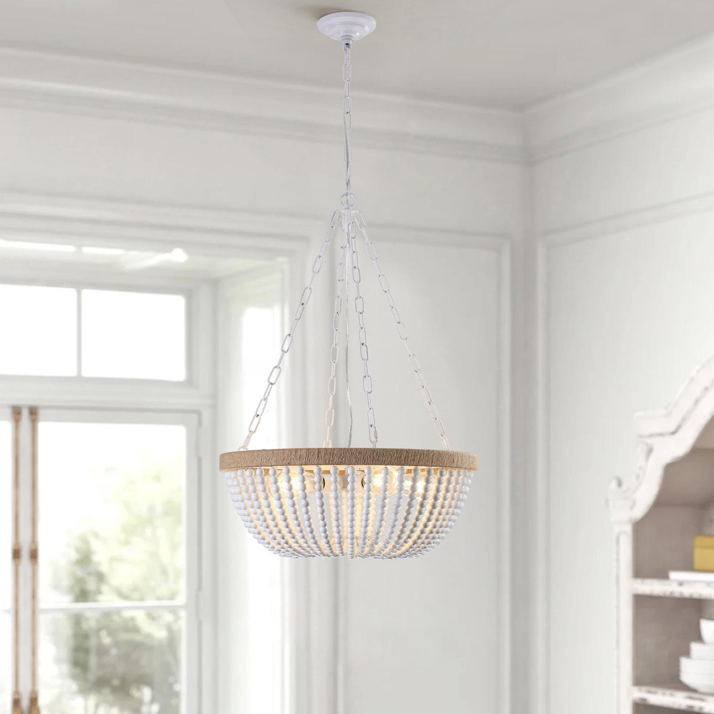 22" Bohemian Wood Beaded Pendant Chandelier – Elegant Light Fixture for Living Room, Dining Room, or Bedroom, Modern and Stylish Ceiling Light (Bulb Not Included)