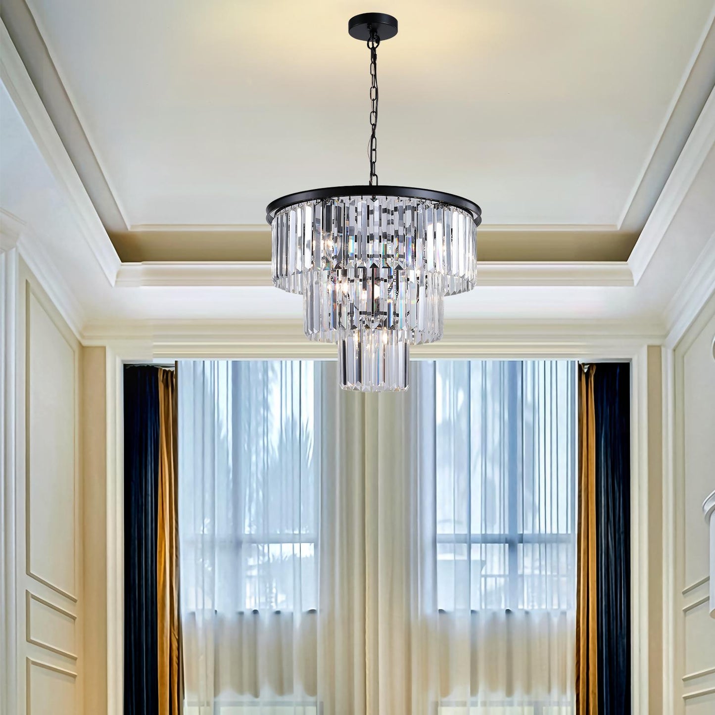(Same as W1340102277/L5007) 20" Luxury 3-Tier Crystal Chandelier, 7-Light Black Frame Pendant Light, Elegant Ceiling Lighting for Living Room, Dining Room, Bedroom (No Bulbs)