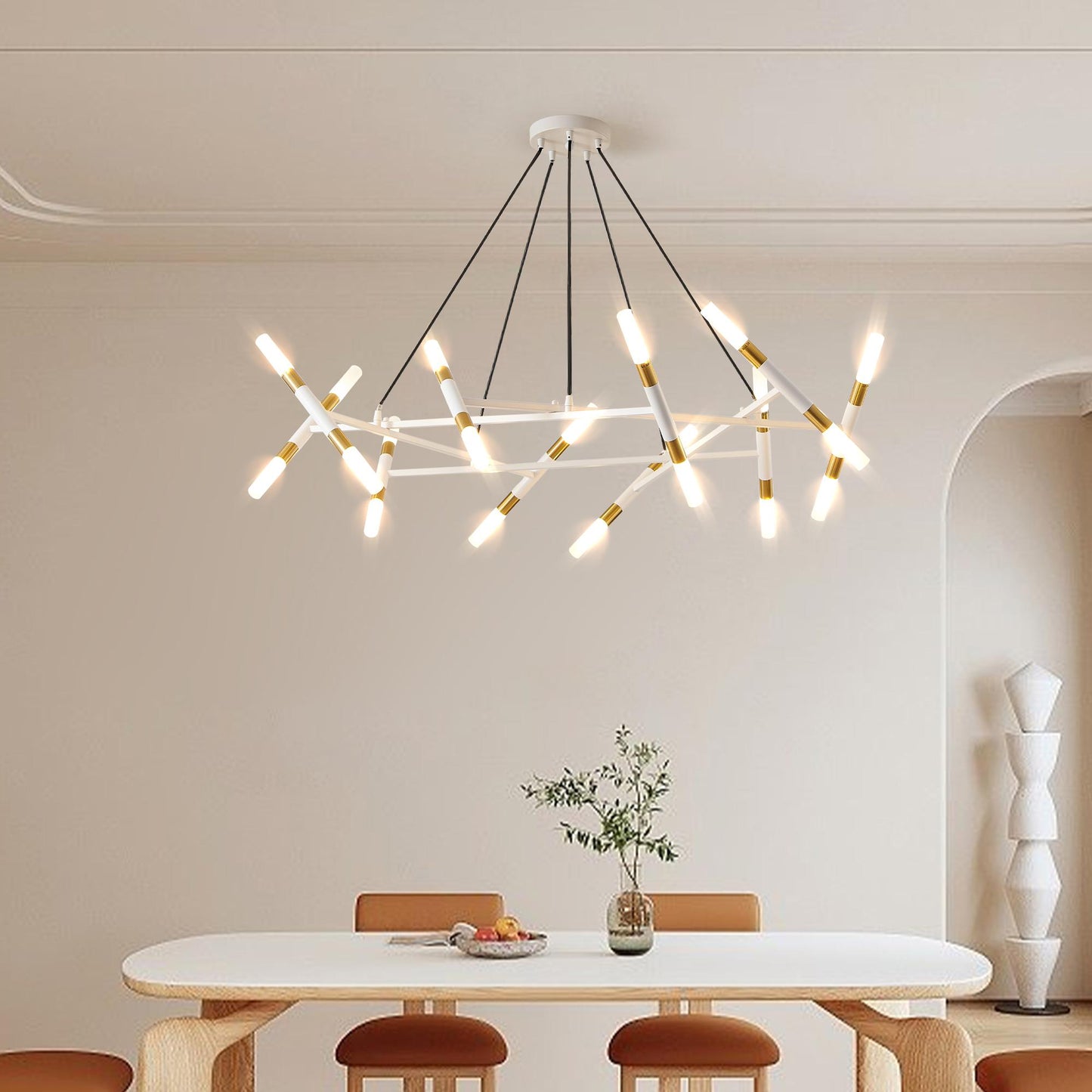 41" White & Golden Modern Chandelier Light Fixture, Branch Design with Frosted Tubes, Black Cords, Adjustable Height Pendant Light for Dining Room, Living Room, or Kitchen Island (Bulb Not Included)