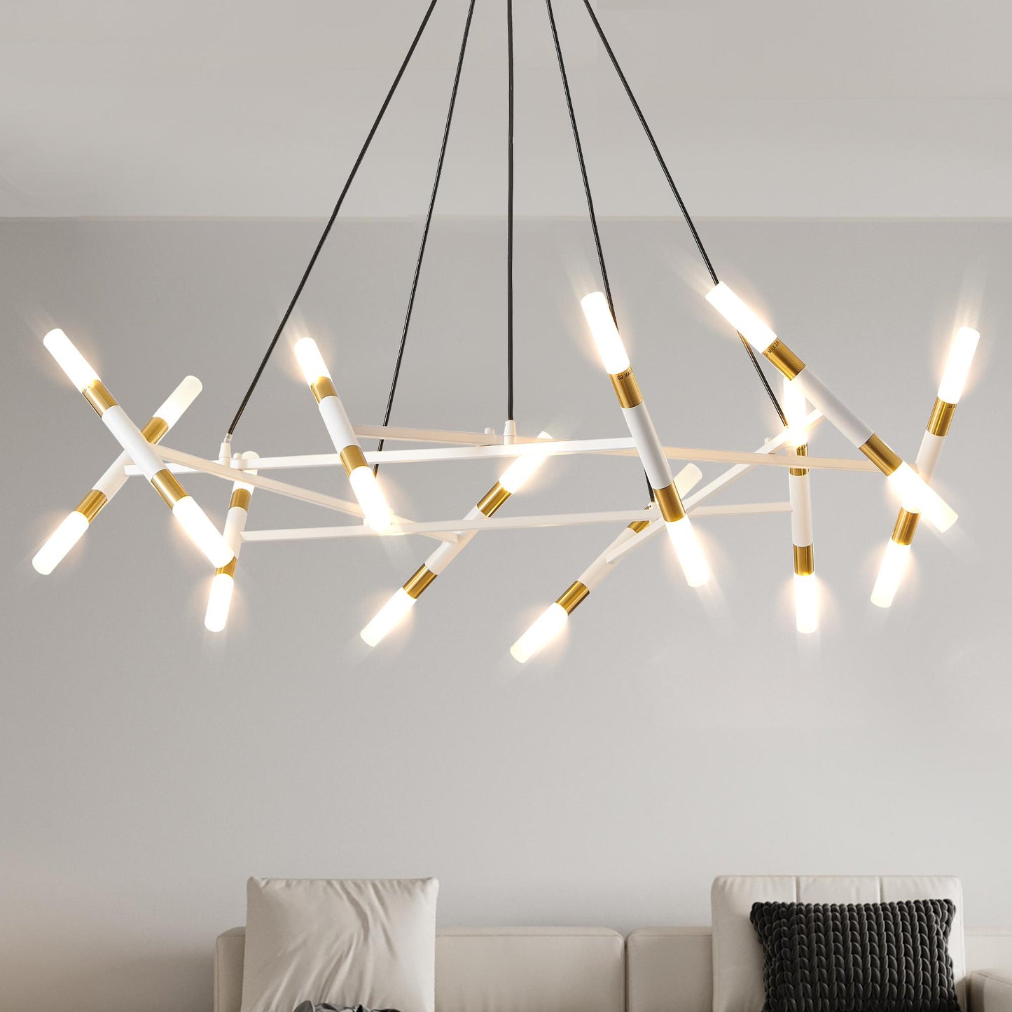 41" White & Golden Modern Chandelier Light Fixture, Branch Design with Frosted Tubes, Black Cords, Adjustable Height Pendant Light for Dining Room, Living Room, or Kitchen Island (Bulb Not Included)
