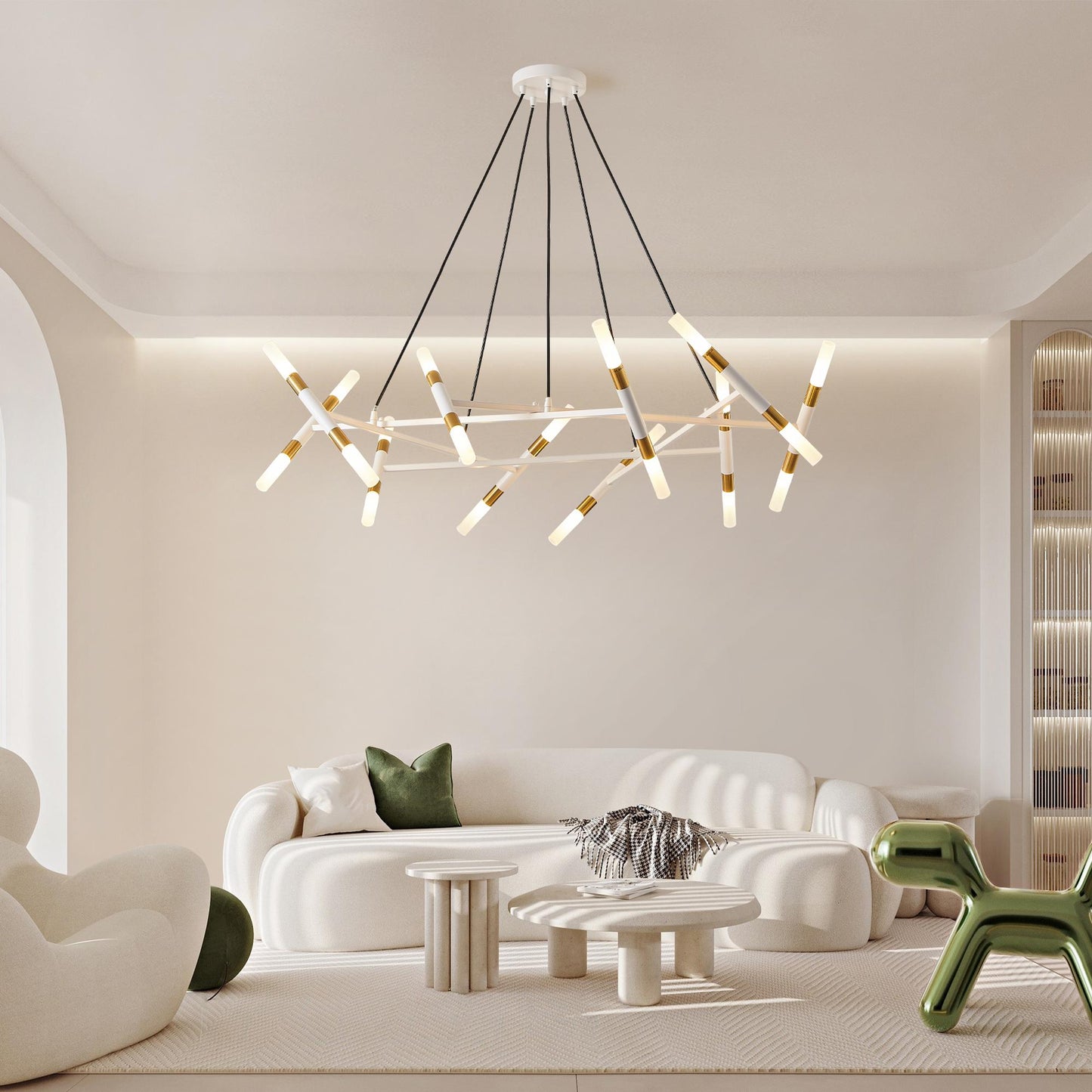 41" White & Golden Modern Chandelier Light Fixture, Branch Design with Frosted Tubes, Black Cords, Adjustable Height Pendant Light for Dining Room, Living Room, or Kitchen Island (Bulb Not Included)