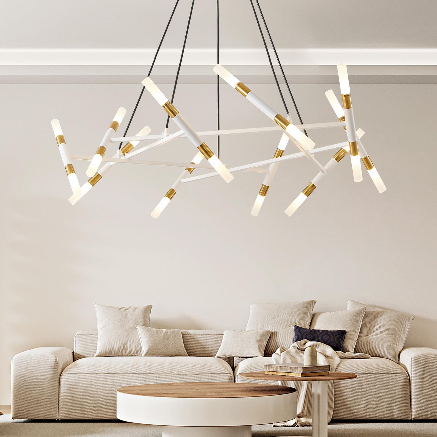 41" White & Golden Modern Chandelier Light Fixture, Branch Design with Frosted Tubes, Black Cords, Adjustable Height Pendant Light for Dining Room, Living Room, or Kitchen Island (Bulb Not Included)