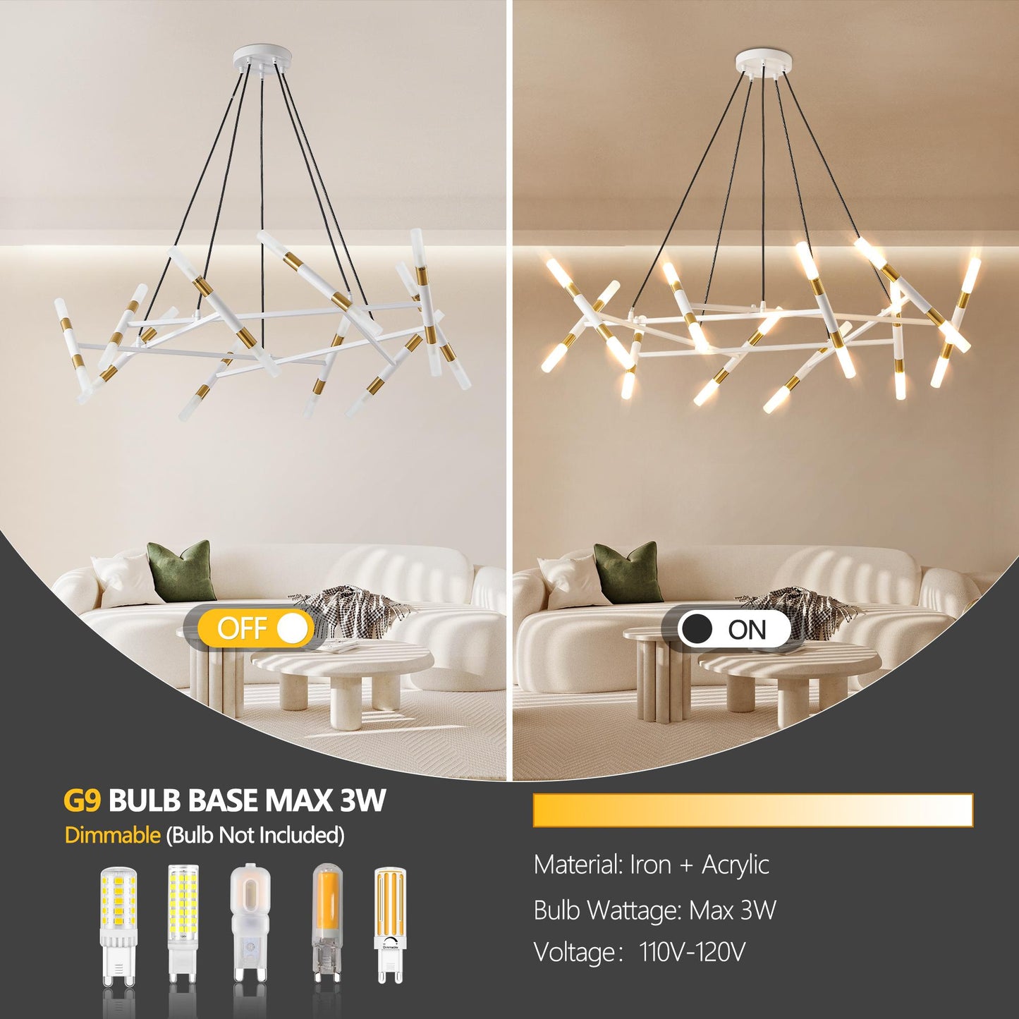41" White & Golden Modern Chandelier Light Fixture, Branch Design with Frosted Tubes, Black Cords, Adjustable Height Pendant Light for Dining Room, Living Room, or Kitchen Island (Bulb Not Included)
