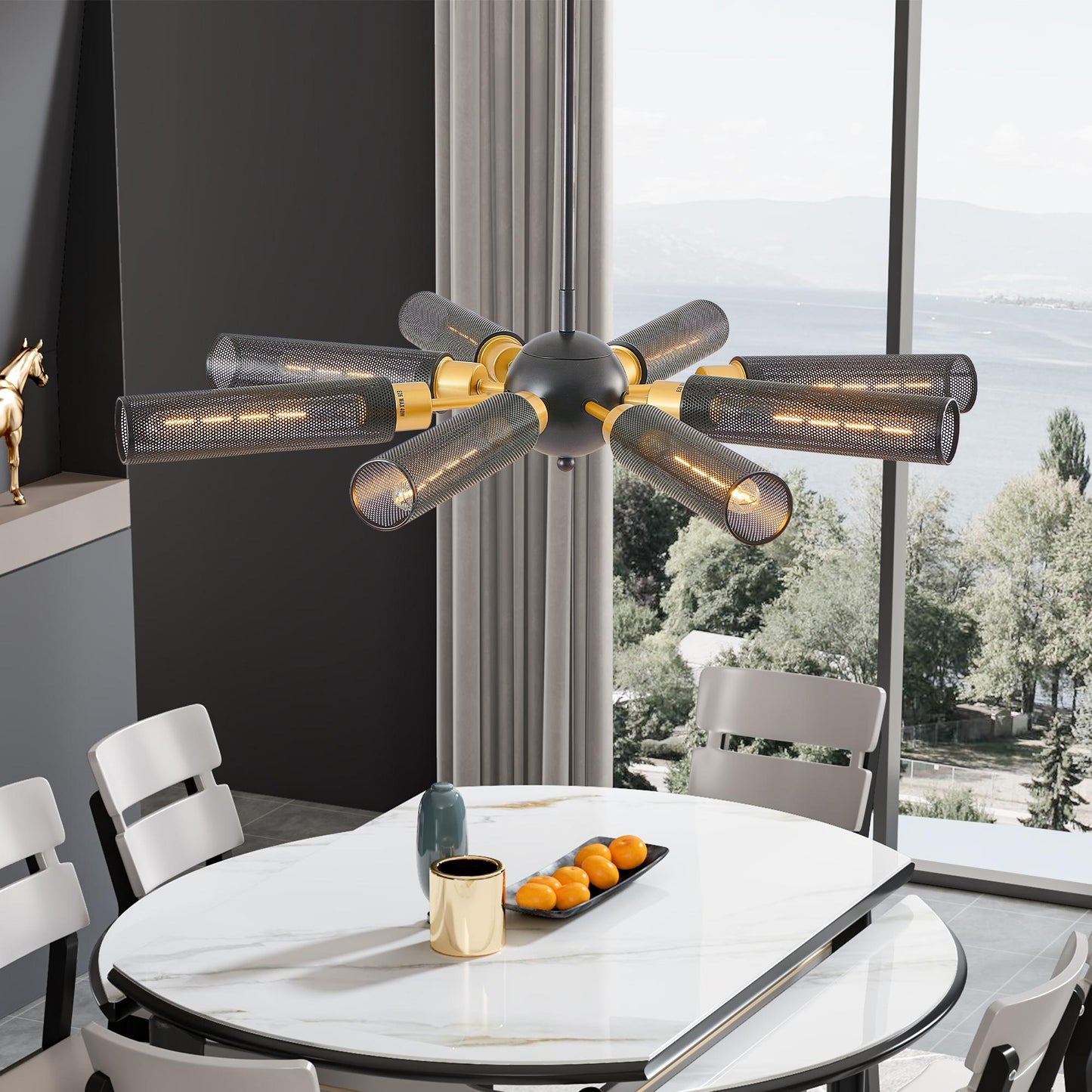34" Modern Industrial Sputnik Chandelier, 8-Light Black and Gold Metal Pendant Light with Mesh Shades, E26 Base, Adjustable Height for Dining Room, Living Room, or Kitchen Island (Bulb Not Included)