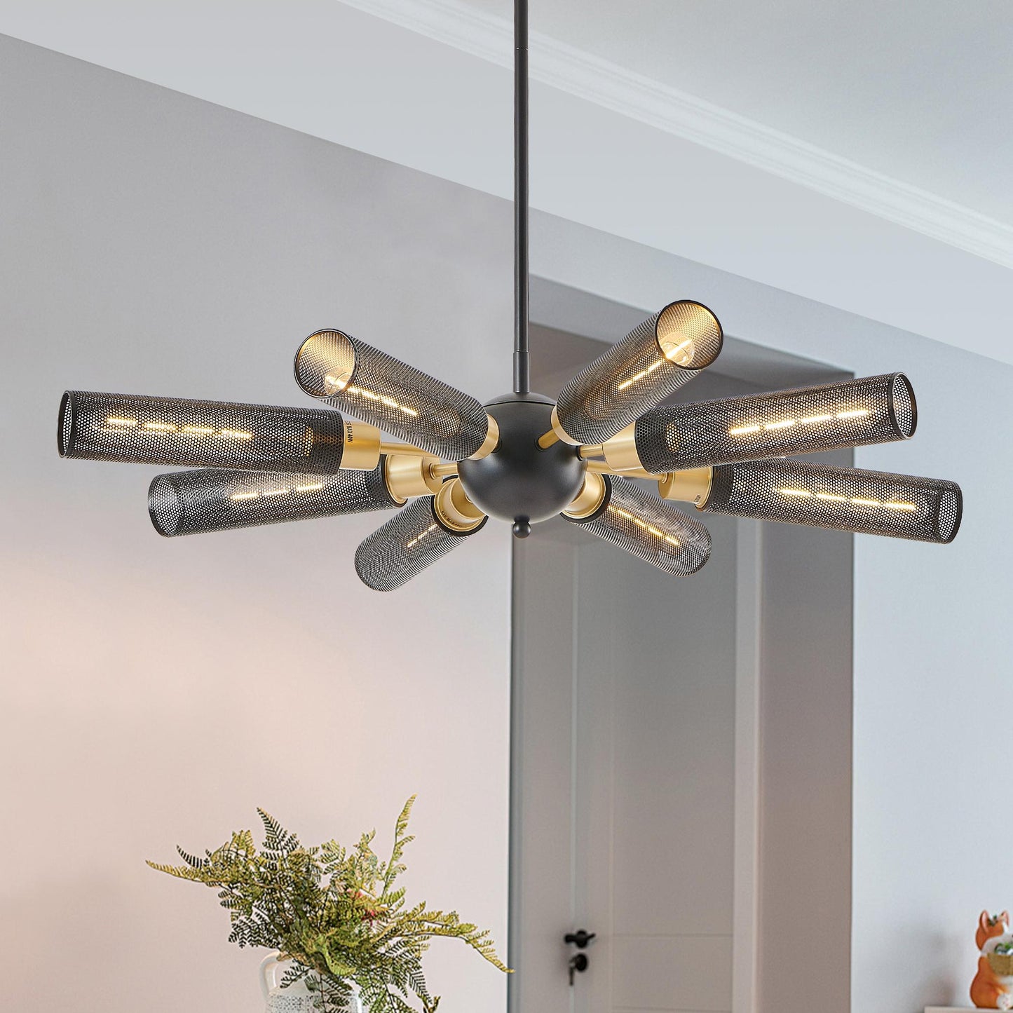 34" Modern Industrial Sputnik Chandelier, 8-Light Black and Gold Metal Pendant Light with Mesh Shades, E26 Base, Adjustable Height for Dining Room, Living Room, or Kitchen Island (Bulb Not Included)