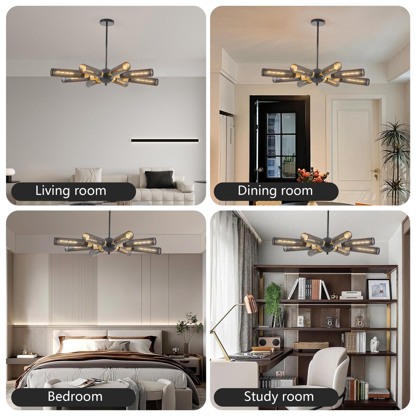 34" Modern Industrial Sputnik Chandelier, 8-Light Black and Gold Metal Pendant Light with Mesh Shades, E26 Base, Adjustable Height for Dining Room, Living Room, or Kitchen Island (Bulb Not Included)