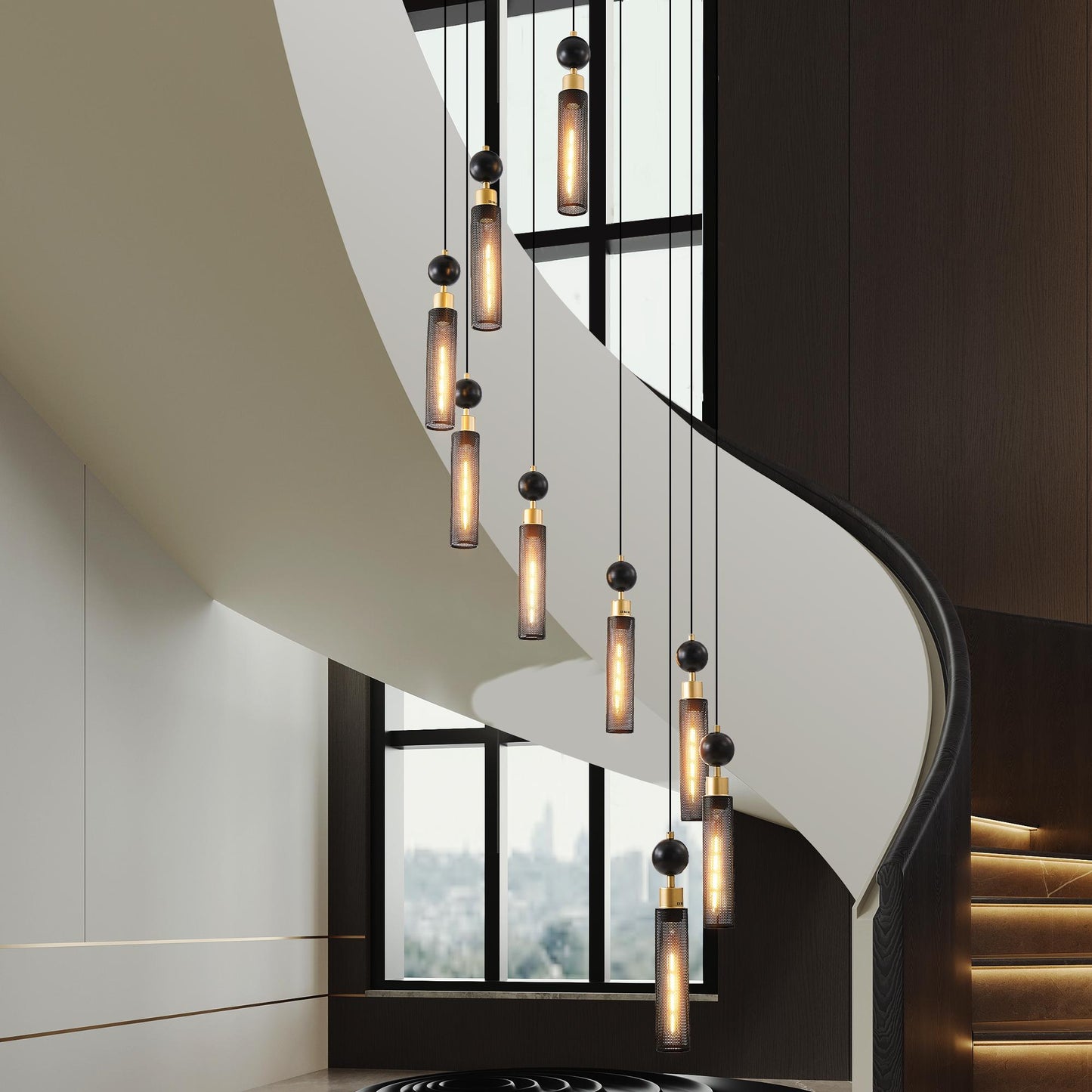 24" Modern Industrial Multi-Light Pendant Chandelier - 9-Light Black and Gold Adjustable Ceiling Light Fixture with Mesh Cylinder Shades for Living Room, Dining Room, or Staircase (Bulb Not Included)