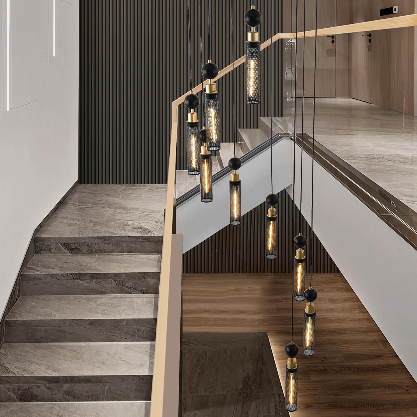 24" Modern Industrial Multi-Light Pendant Chandelier - 9-Light Black and Gold Adjustable Ceiling Light Fixture with Mesh Cylinder Shades for Living Room, Dining Room, or Staircase (Bulb Not Included)