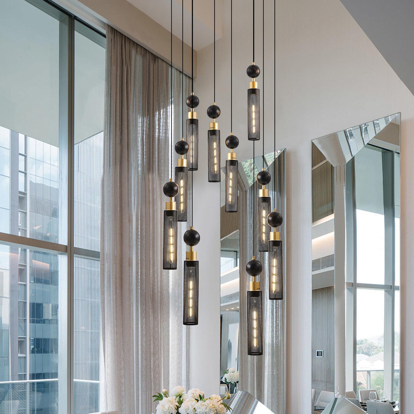 24" Modern Industrial Multi-Light Pendant Chandelier - 9-Light Black and Gold Adjustable Ceiling Light Fixture with Mesh Cylinder Shades for Living Room, Dining Room, or Staircase (Bulb Not Included)