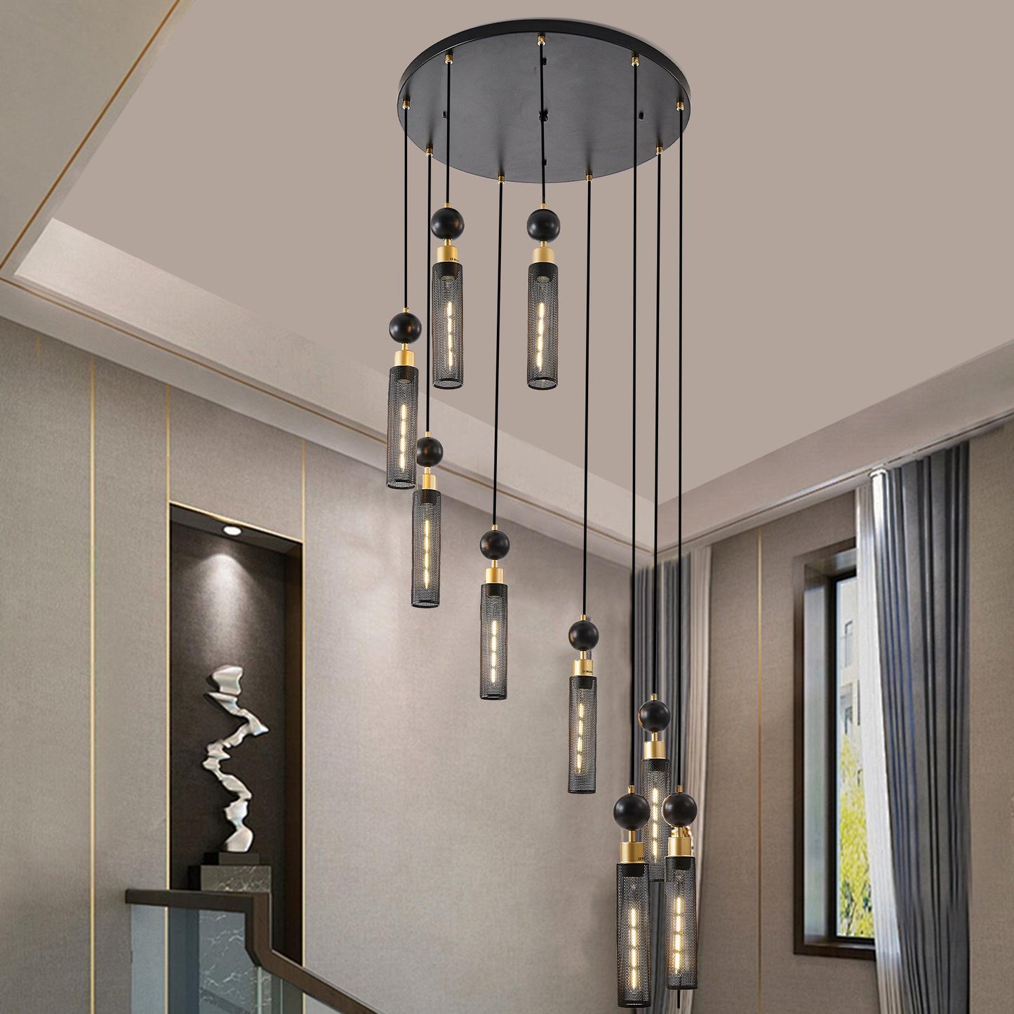 24" Modern Industrial Multi-Light Pendant Chandelier - 9-Light Black and Gold Adjustable Ceiling Light Fixture with Mesh Cylinder Shades for Living Room, Dining Room, or Staircase (Bulb Not Included)