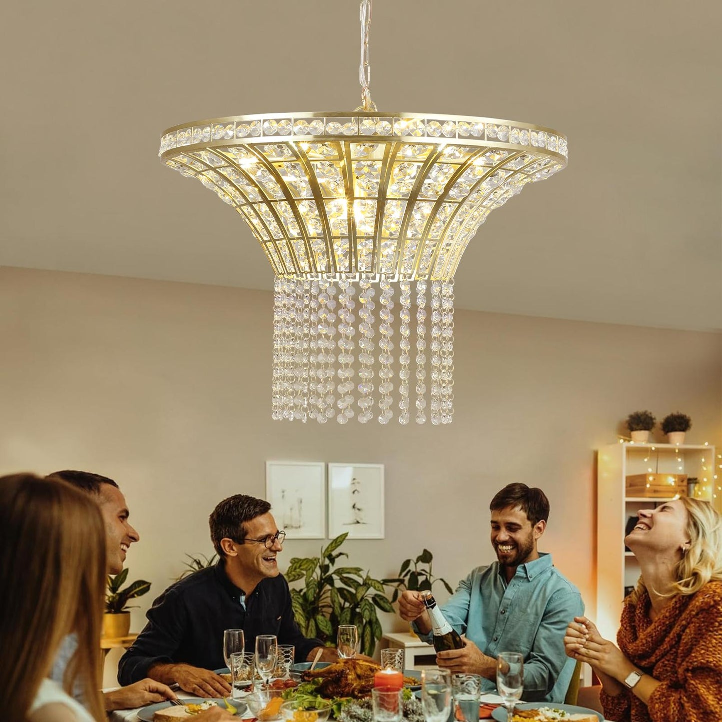 (Same as W1340P189414/L005016-D600-P8G) 24" Modern Crystal Round Chandelier with Gold Finish, Elegant Pendant Light with Cascading Beads, for Dining Room, Living Room, or Foyer (No Bulbs)