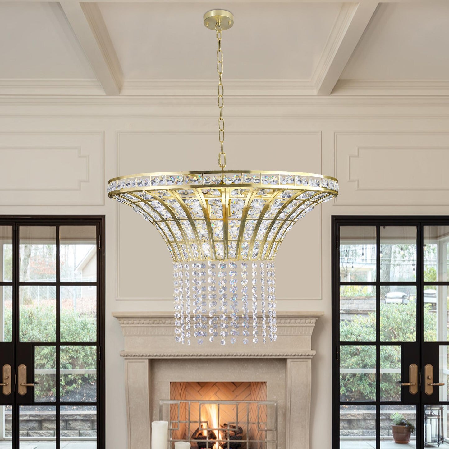 (Same as W1340P189414/L005016-D600-P8G) 24" Modern Crystal Round Chandelier with Gold Finish, Elegant Pendant Light with Cascading Beads, for Dining Room, Living Room, or Foyer (No Bulbs)