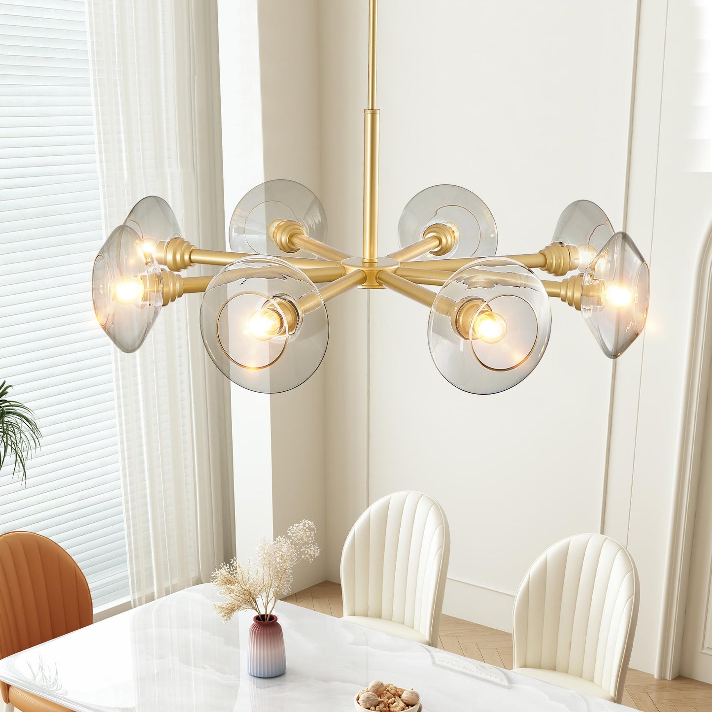 36" Modern Gold 8-Light Sputnik Chandelier with Clear Glass Shades, Mid-Century Hanging Pendant Light Fixture for Dining Room, Living Room, or Kitchen (Bulb Not Included)