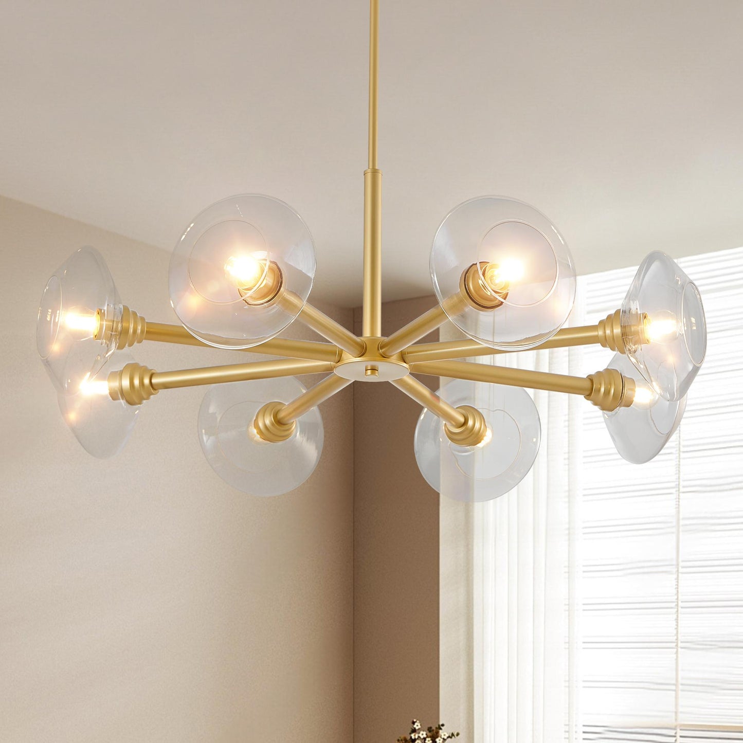 36" Modern Gold 8-Light Sputnik Chandelier with Clear Glass Shades, Mid-Century Hanging Pendant Light Fixture for Dining Room, Living Room, or Kitchen (Bulb Not Included)