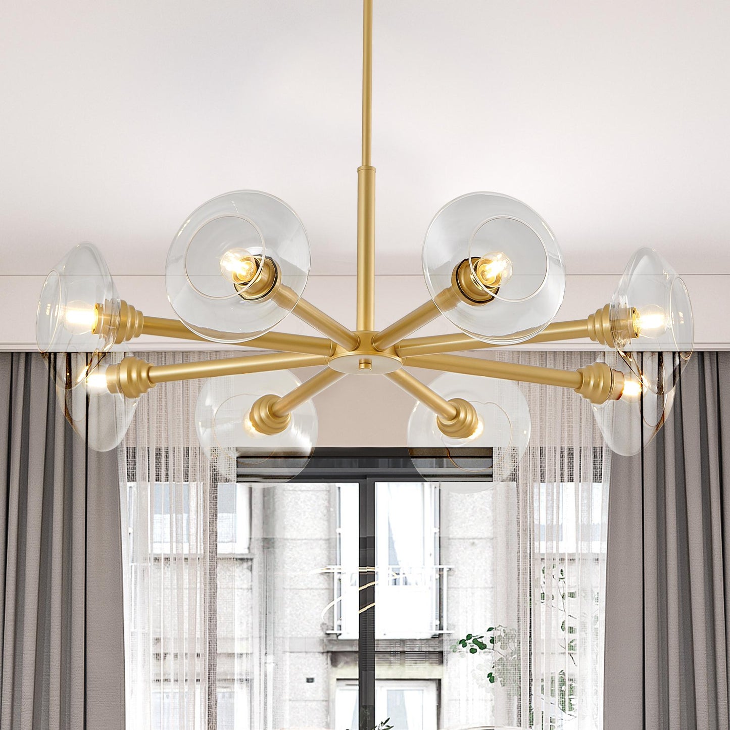 36" Modern Gold 8-Light Sputnik Chandelier with Clear Glass Shades, Mid-Century Hanging Pendant Light Fixture for Dining Room, Living Room, or Kitchen (Bulb Not Included)