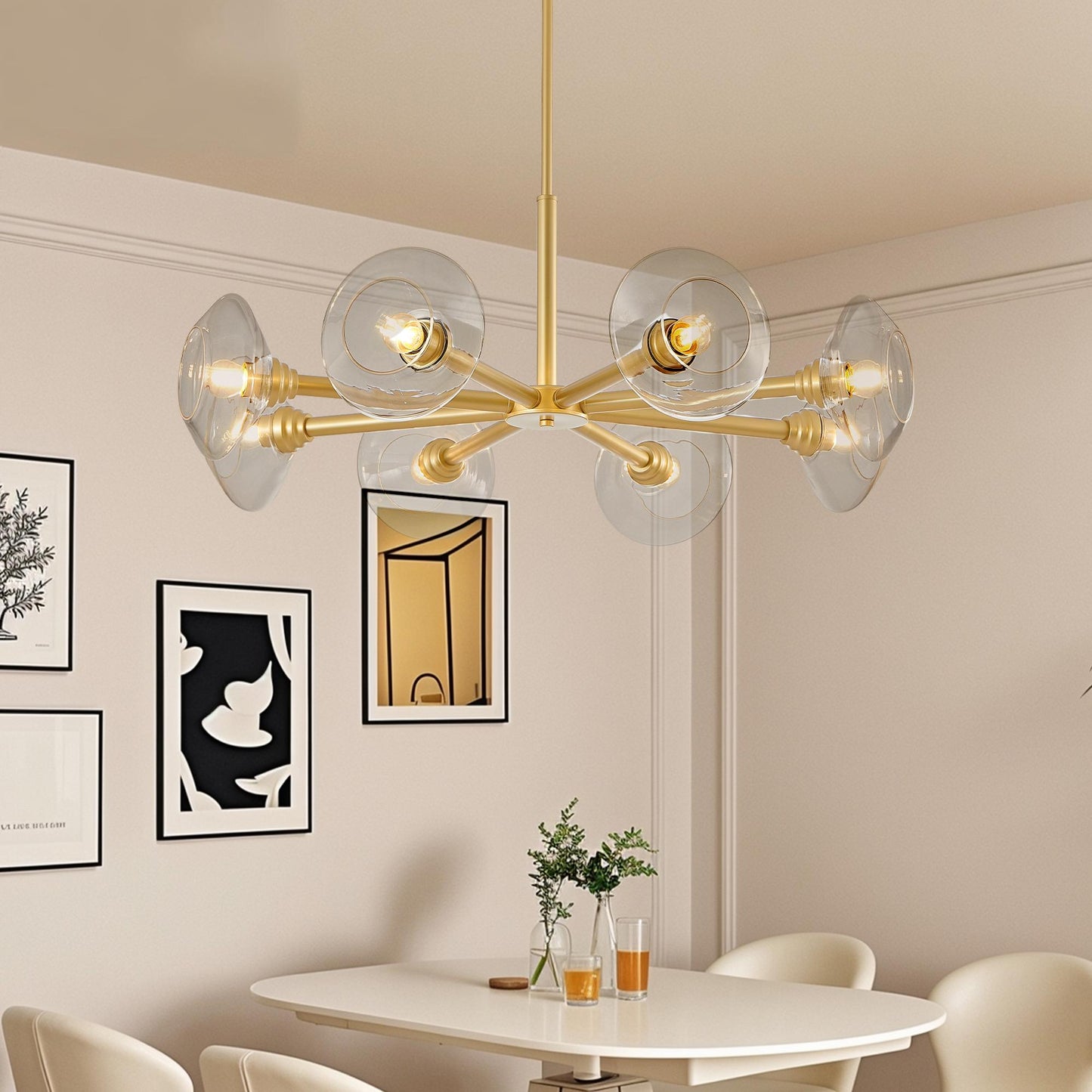 36" Modern Gold 8-Light Sputnik Chandelier with Clear Glass Shades, Mid-Century Hanging Pendant Light Fixture for Dining Room, Living Room, or Kitchen (Bulb Not Included)