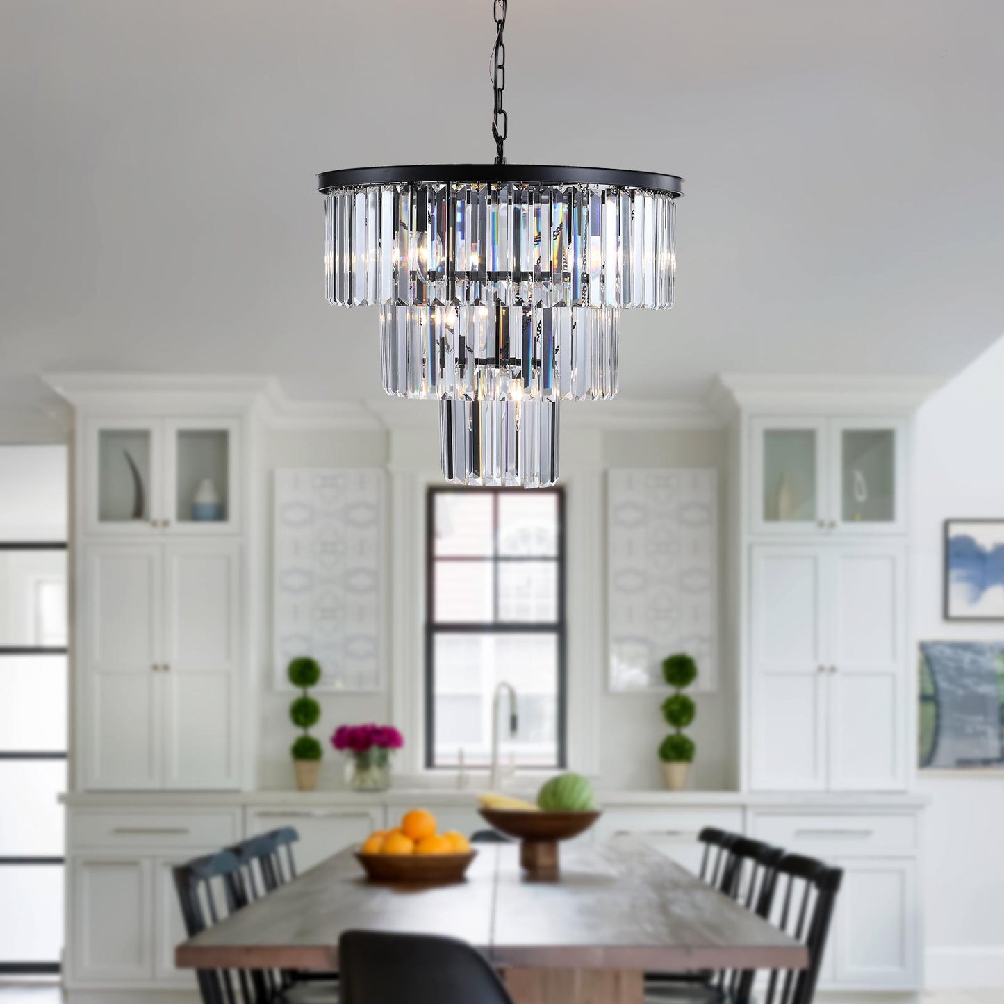 (NEW SKU:W1340P189315) 20" Modern Crystal Chandelier with Black Finish – Elegant 7-Light Pendant Light with 3 Tier Crystal Strands for Dining Room, Living Room, or Bedroom (Bulb Not Included)