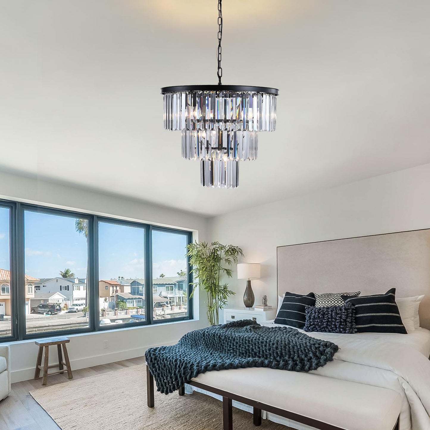 (NEW SKU:W1340P189315) 20" Modern Crystal Chandelier with Black Finish – Elegant 7-Light Pendant Light with 3 Tier Crystal Strands for Dining Room, Living Room, or Bedroom (Bulb Not Included)