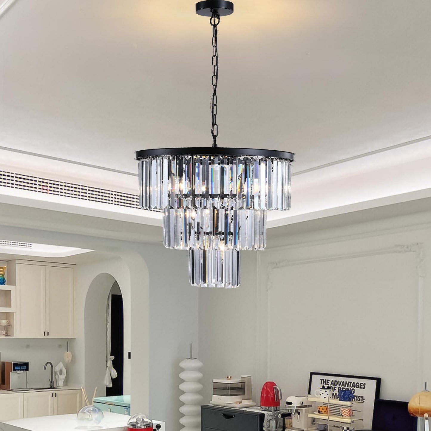 (NEW SKU:W1340P189315) 20" Modern Crystal Chandelier with Black Finish – Elegant 7-Light Pendant Light with 3 Tier Crystal Strands for Dining Room, Living Room, or Bedroom (Bulb Not Included)
