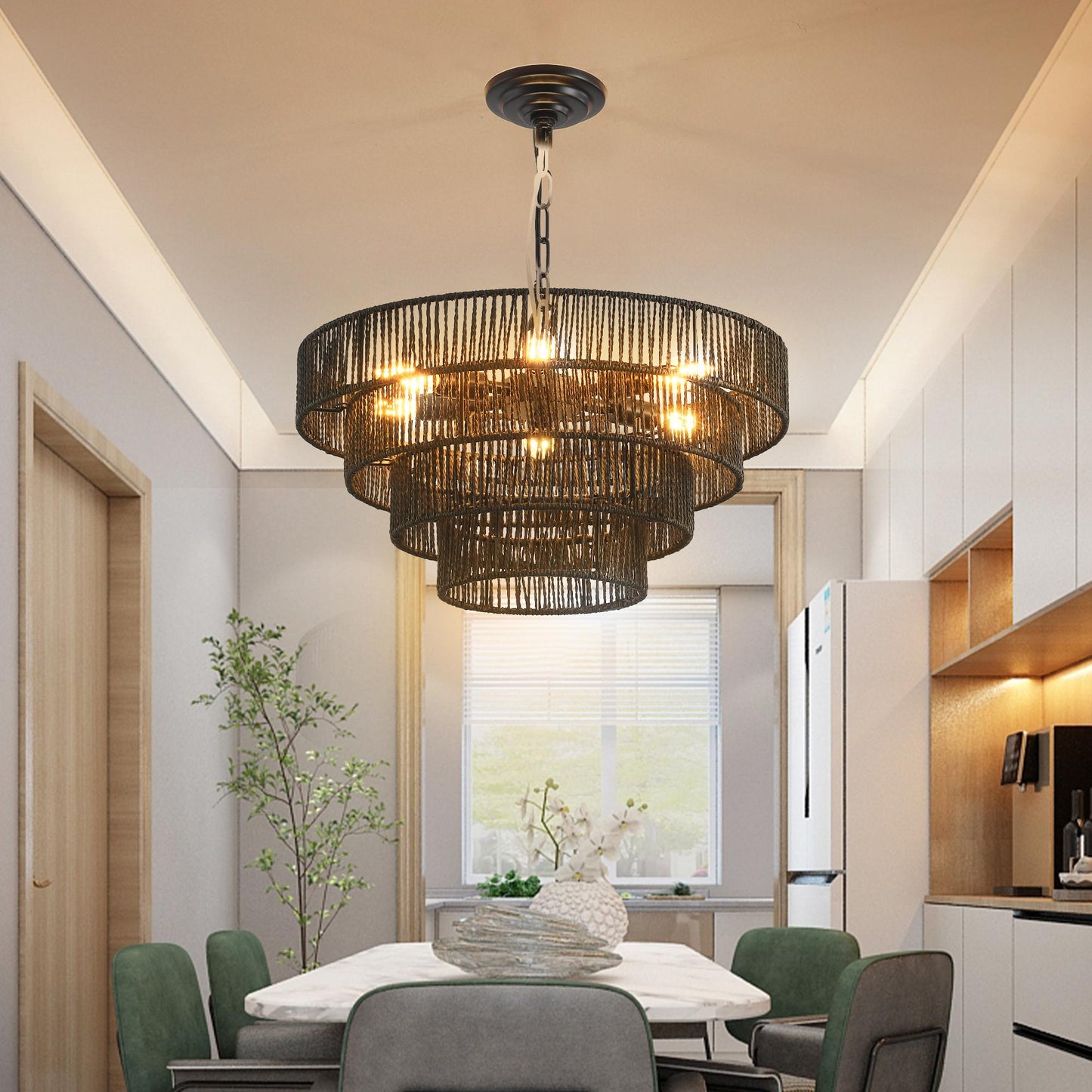 20" Rustic 4-Tier Black Hemp Rope Pendant Light Chandelier with 6 E12 Sockets, Handmade Tiered Boho Ceiling Light Fixture for Dining Room, Kitchen, or Foyer (Bulb Not Included)