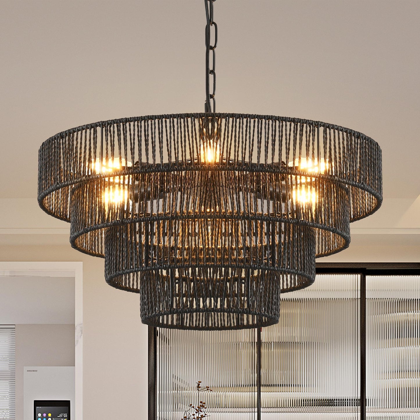 20" Rustic 4-Tier Black Hemp Rope Pendant Light Chandelier with 6 E12 Sockets, Handmade Tiered Boho Ceiling Light Fixture for Dining Room, Kitchen, or Foyer (Bulb Not Included)