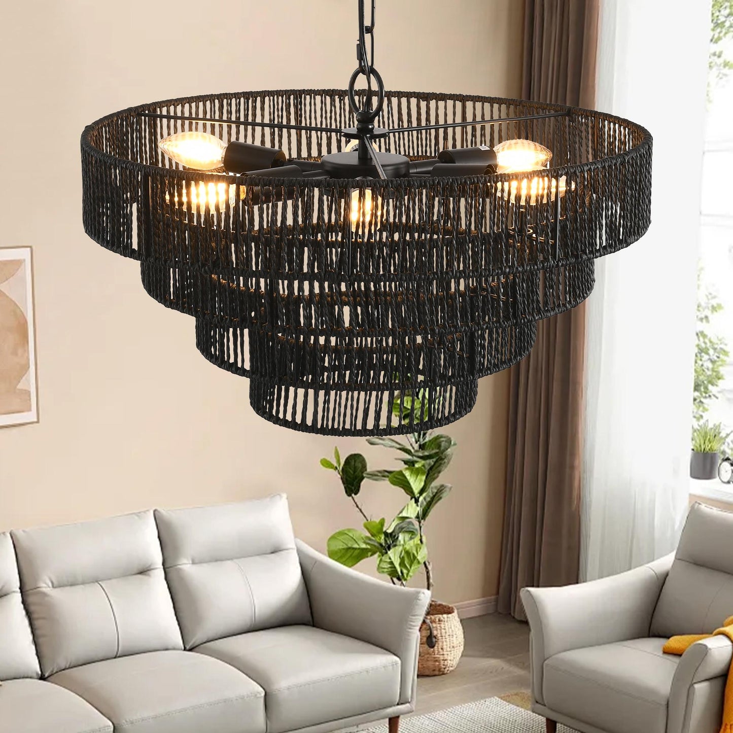 20" Rustic 4-Tier Black Hemp Rope Pendant Light Chandelier with 6 E12 Sockets, Handmade Tiered Boho Ceiling Light Fixture for Dining Room, Kitchen, or Foyer (Bulb Not Included)