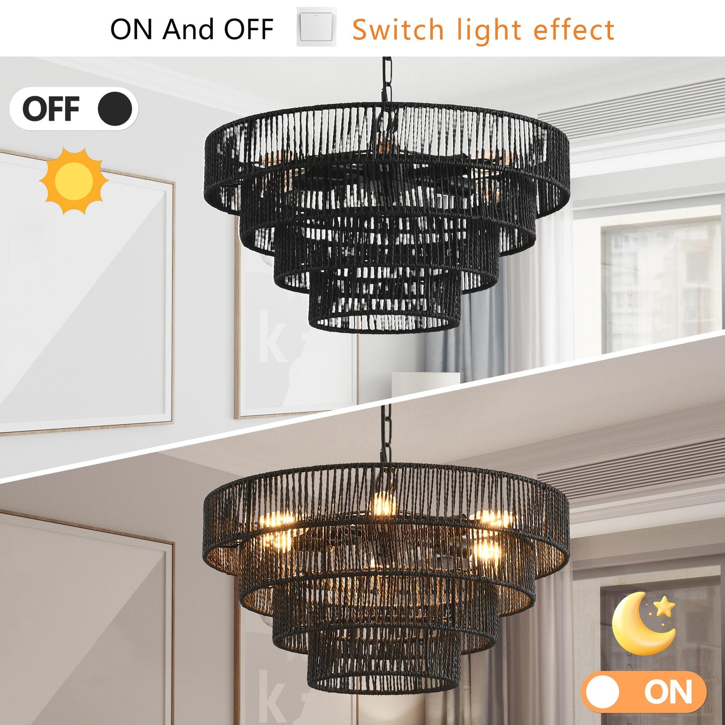 20" Rustic 4-Tier Black Hemp Rope Pendant Light Chandelier with 6 E12 Sockets, Handmade Tiered Boho Ceiling Light Fixture for Dining Room, Kitchen, or Foyer (Bulb Not Included)